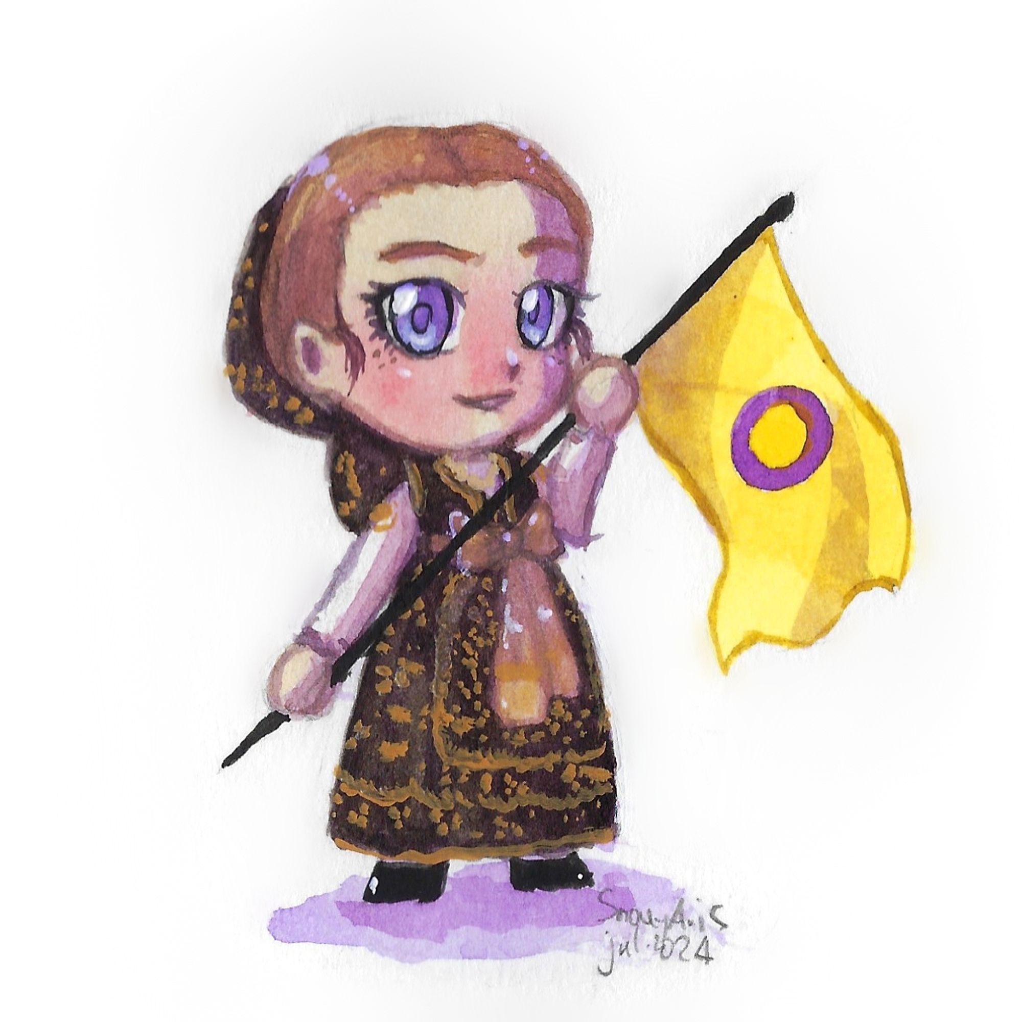 Watercolour painting of a chibi character wearing folk clothes of Bunjevci from the vicinity of Subotica in Bačkaband holding the intersex pride flag. Her skin is light, she has warm blond hair tied under a black headscarf and blue eyes. She's wearing a white shirt and a long and wide black dress with yellow and gold embroidery all over it. She also has a golden bow around her waist and black shoes. She's smiling in a confident way and holding the flag confidently. The signature in the lower right corner says "SnowyAvis, jul 2024"