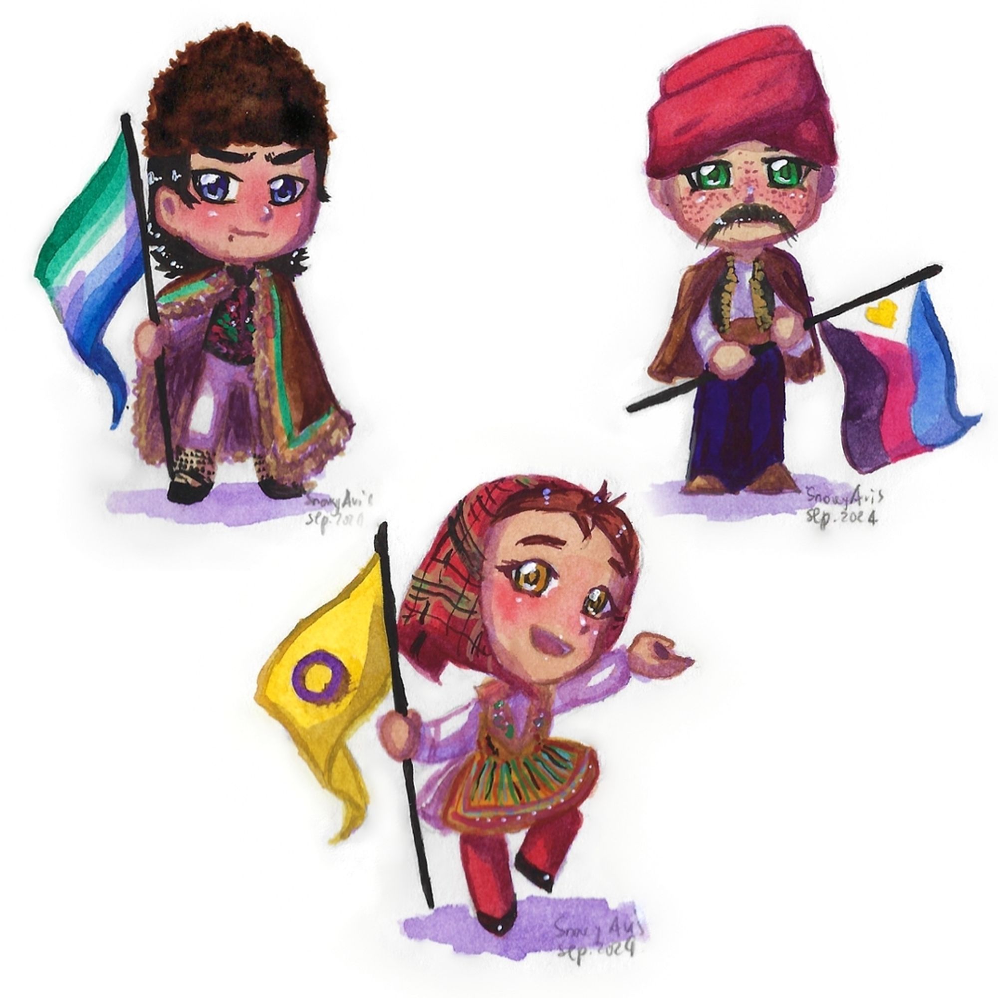 Three watercolour paintings of Chibi characters wearing Croatian folk clothing and carrying one of the pride flags: gay, intersex and polyamorous. Each described individually in the following posts.