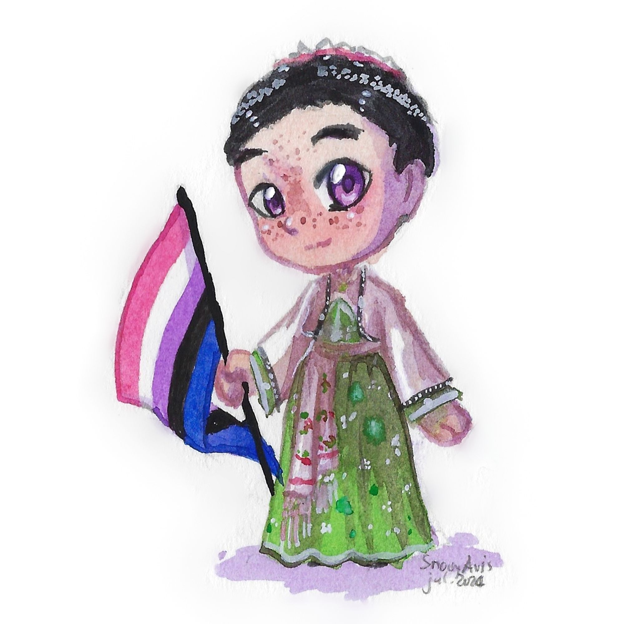 Watercolour painting of a chibi character wearing folk clothes from Belgrade and holding the genderfluid pride flag. They have light skin with many freckles, purple eyes and a black hair tied in a bun under a red hair clip on the back of their head. They are wearing a long elegant green dress that reaches the ground, and the dress has some additional subtle green and white embroidery. They have a white scarf tied around their waist any the scarf has some red and green floral patterns on its edges. Over the dress, they have a white, wide sleeved jacket. The character is holding the flag in one hand and smiling gently. The signature in the lower right corner says "SnowyAvis, jul 2024"