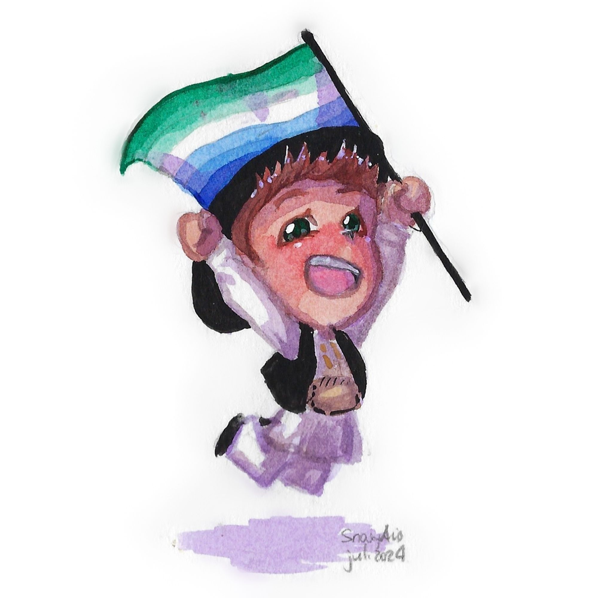 Watercolour painting of a chibi character wearing folk clothes from Fruška gora in Srem and holding the ocean gay flag.
The character is in a jump, excitedly rising the flag above his head and with a huge smile on his face. He has light skin, dark teal eyes and reddish brown hair. He is wearing a white shirt and wide white pants, a black waistcoat and a belt, and a black hat.
The signature in the lower right corner says "SnowyAvis, jul 2024"