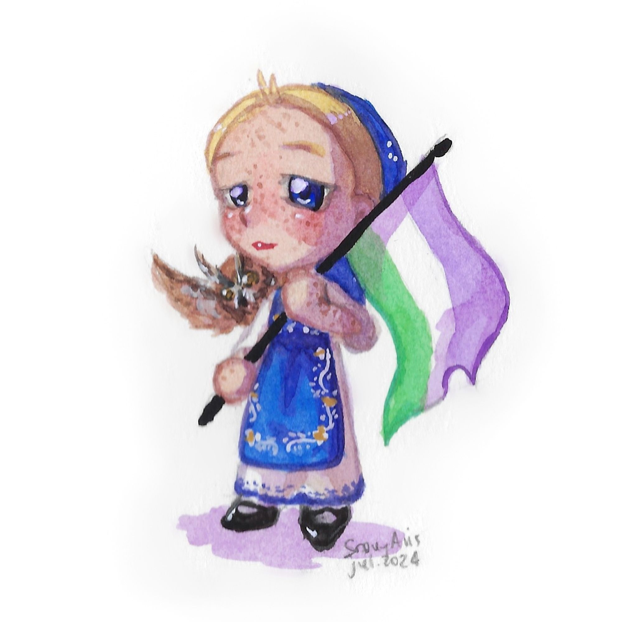 Watercolour painting of a chibi character wearing folk clothes from Kikinda, Banat, and holding the gender queer pride flag. They have light, freckled skin, bright blondhair tied under a blue headscarf on the back of their head, dark blue eyes and are wearing a red lipstick. They are wearing a ling white dress and a dark blue apron with gold and white embroidery over it. On their right shoulder, there is an owl.
They are standing calmly and holding the flag with both hands, looking a bit sleepy but smiling. The signature in the lower right corner says "SnowyAvis, jul 2024"