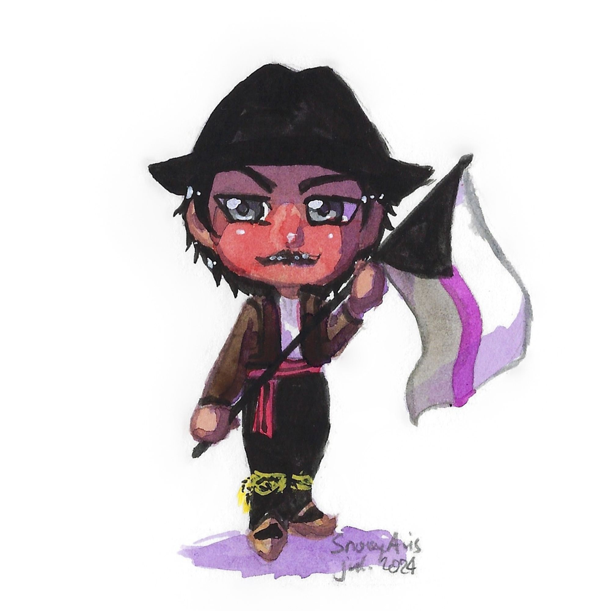 Watercolour painting of a chibi character wearing folk clothes from Mačva and holding the demisexual pride flag.
He has tan skin, gray eyes, short black hair and moustache. He's wearing a brown jacket, black pants tucked in long black socks with yellow embroidery and opanci shoes. He also has a black hat. He looks serious, is standing straight and is sternly holding the flag with both of his hands.
The signature in the lower right corner says "SnowyAvis, jul 2024"