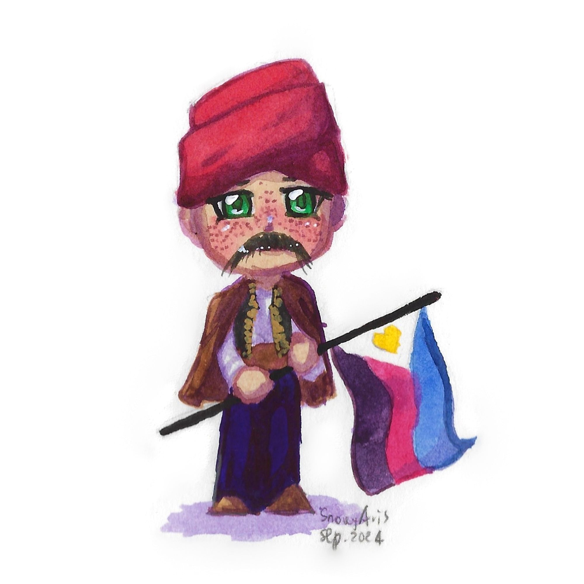 A water colour painting of a Chibi character holding the polyamorous pride flag and wearing folk clothes from Imotska Krajina. He has light skin with freckles, emerald green eyes, and long black mustache. He has a red scarf wrapped around his head, and is wearing a white shirt with a black waistcoat, deep blue pants with leather shoes, and a brown jacket that he is wearing without putting his arms into the sleeves. He's holding the flag with both hands, looking at the viewer without a distinguishable facial expression, and is standing still with both legs held together.
The signature in the lower right corner says "SnowyAvis, Sep. 2024"