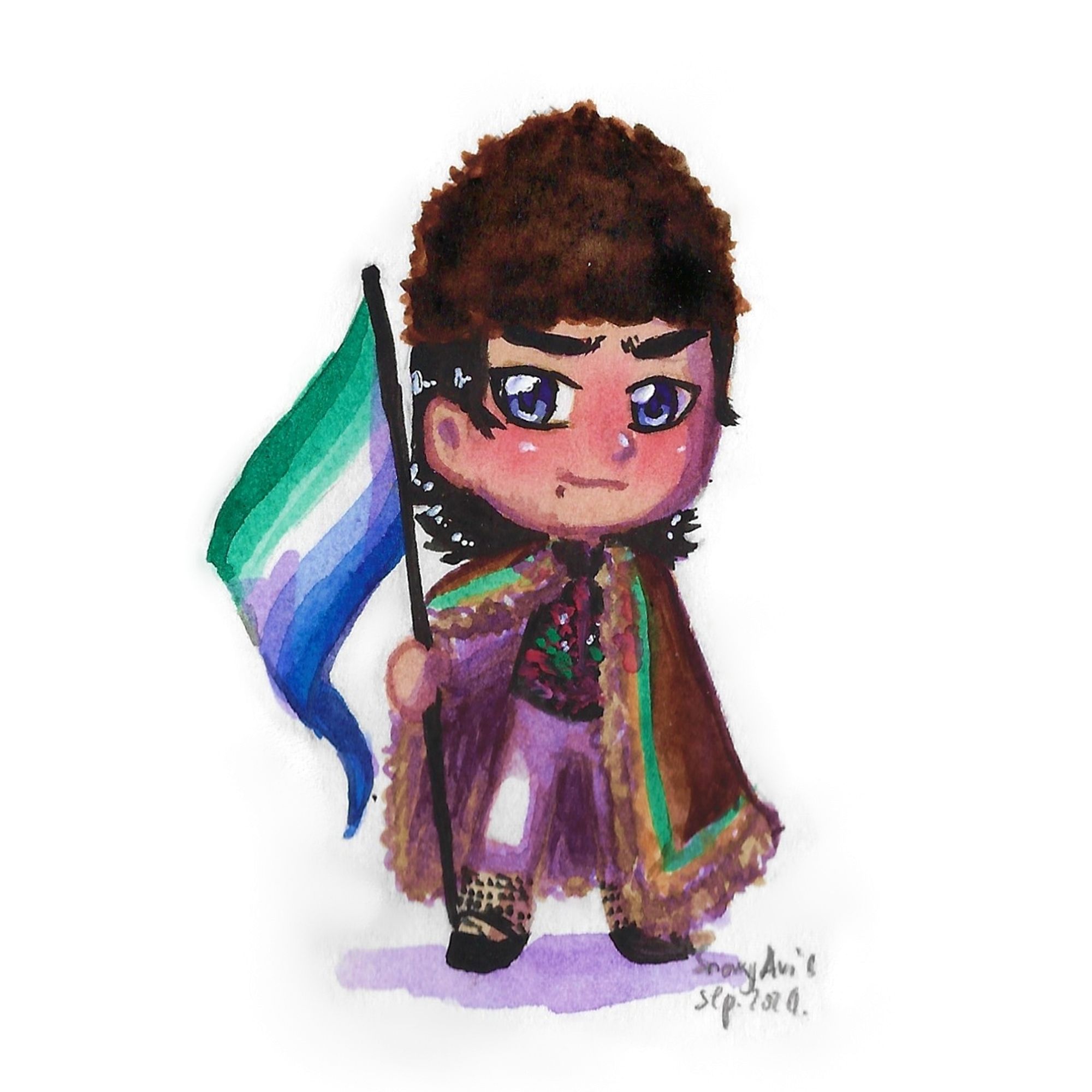 A water colour painting of a Chibi character holding the gay pride flag and wearing folk clothes from Srijem. He has light skin with a mole under his lip, medium length black hair and blue-gray eyes. The clothes he's wearing consist of white shirt and pants, a black vest with embroidery, long cream coloured socks which the pants are tucked in, black shoes, a brown fur hat, and a big overcoat with fur on the inside. He's standing firmly, smiling in a serious and slightly shy way, and holding the flag in his right hand. The signature in the lower right corner says "SnowyAvis, Sep. 2024"