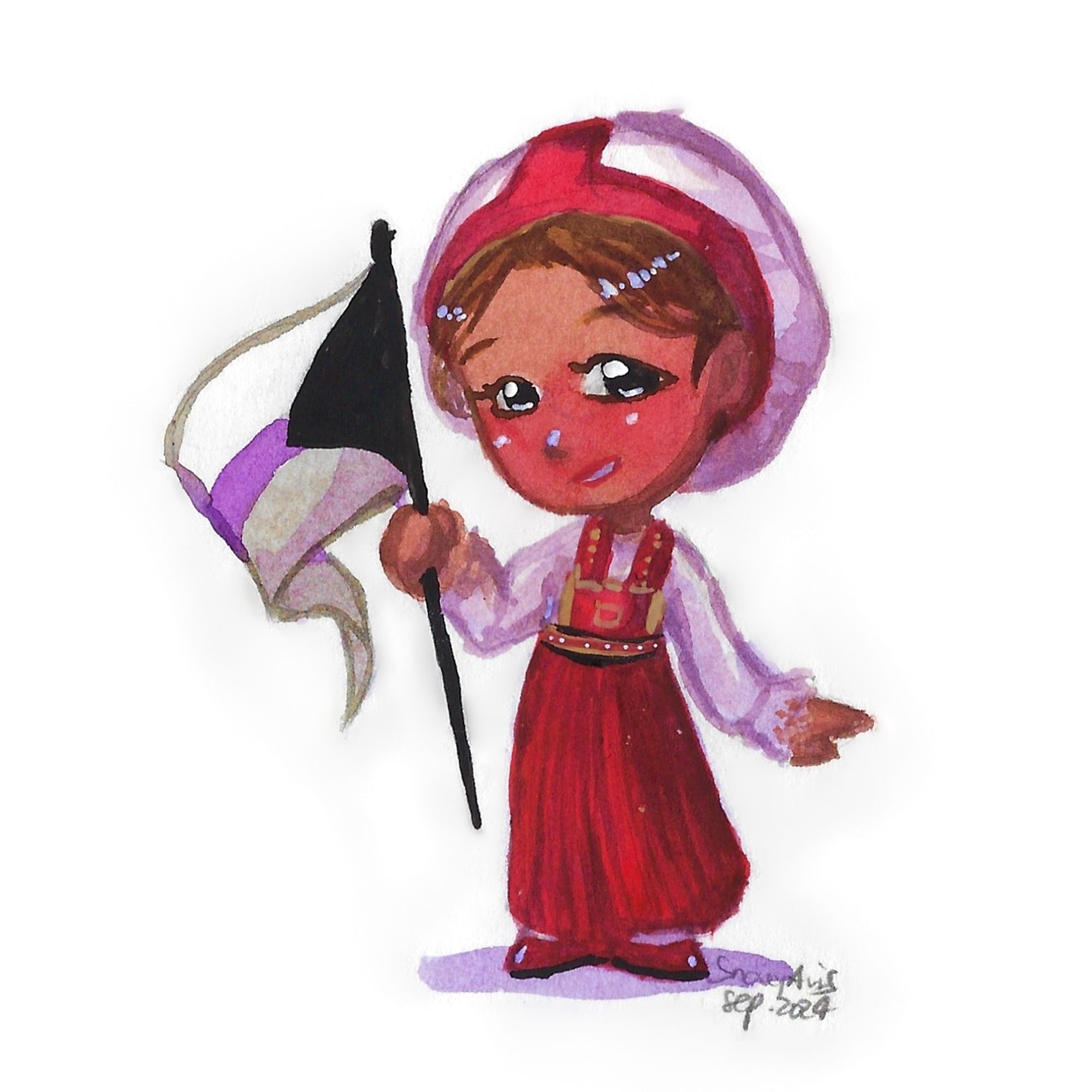 A water colour painting of a Chibi character holding the demisexual pride flag and wearing folk clothes from the island of Mljet. She has medium tone skin, black eyes and dark brown hair, hidden under a round white and red headdress. Her clothes consist of a white shirt and long red pleated skirt and shiny red shoes. She's gently holding the flag up and shyly looking at the viewer.
The signature in the lower right corner says "SnowyAvis, Sep. 2024"