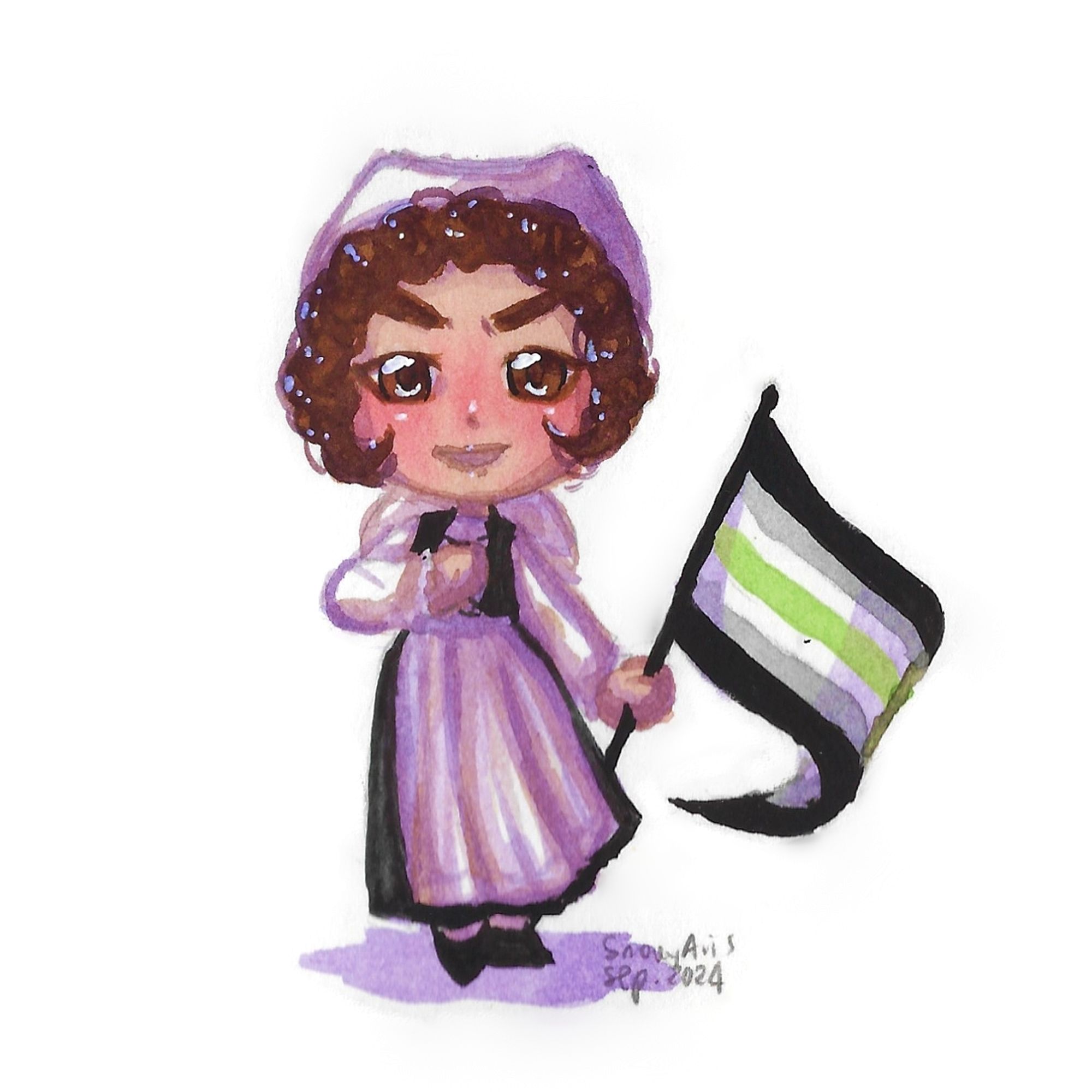 A water colour painting of a Chibi character holding the agender pride flag and wearing folk clothes from Kordun. She has light skin, brown eyes and curly brown hair, mostly hidden under a white headscarf. They are wearing a white shirt, a long brown skirt, a white apron over the skirt in the front, and a black vest. They also have cute black shoes. She is smiling and frowning, giving her the look of a confident person, and is standing still with both legs held together, one hand on her heart and the other holding the flag.
The signature in the lower right corner says "SnowyAvis, Sep. 2024"