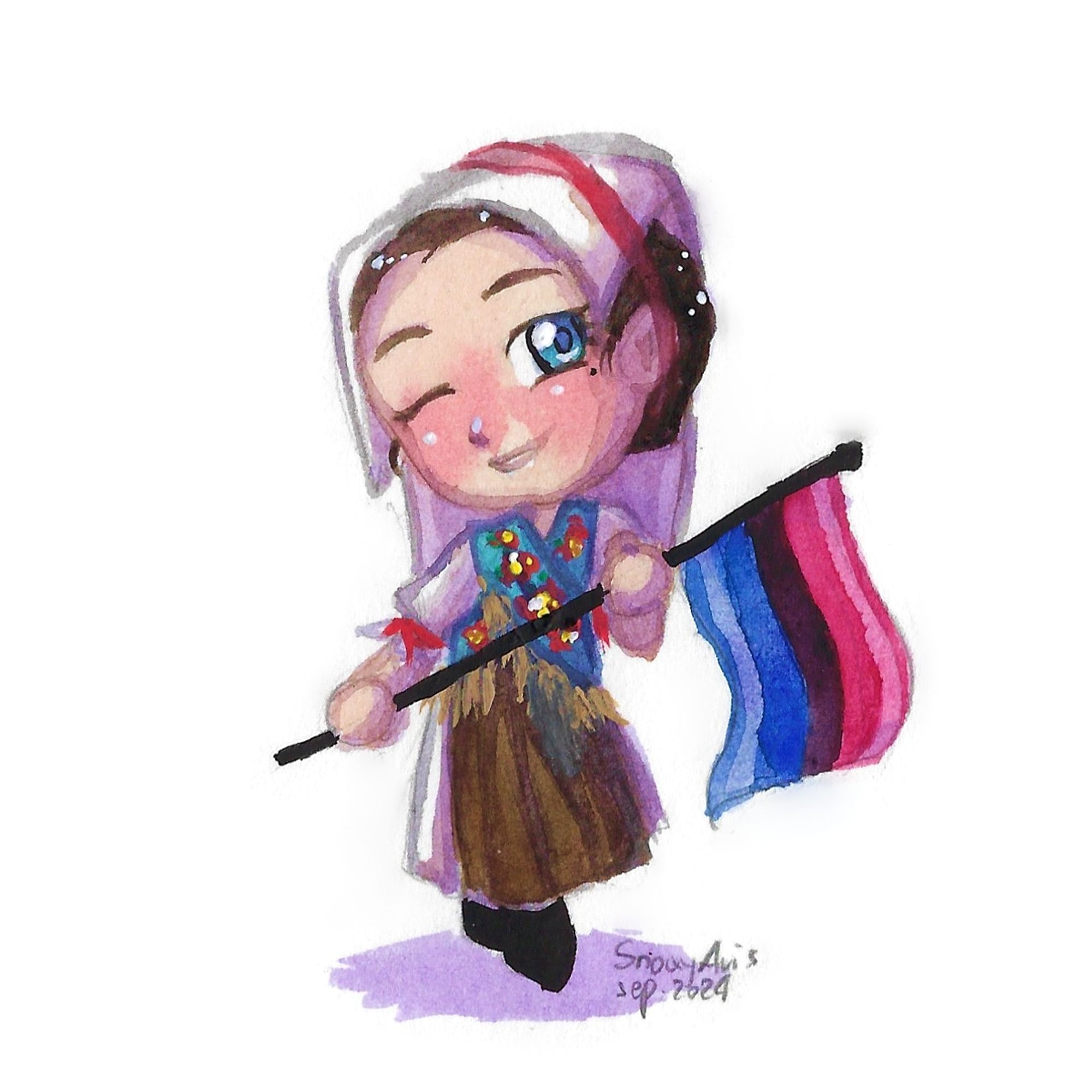 A water colour painting of a Chibi character holding the omnisexual pride flag and wearing folk clothes from Međimurje. She has pale skin, blue eyes and dark brown hair tied under a white headscarf that lazily falls down her back and is tied around her head with a pink bow. She's wearing a white dress with a brown apron in the front and her torso is wrapped in a turquoise scarf with floral embroidery. She also has cite black boots. She's winking and smiling and holding the flag with both hands, looking kind of determined and elegant.
The signature in the lower right corner says "SnowyAvis, Sep. 2024"