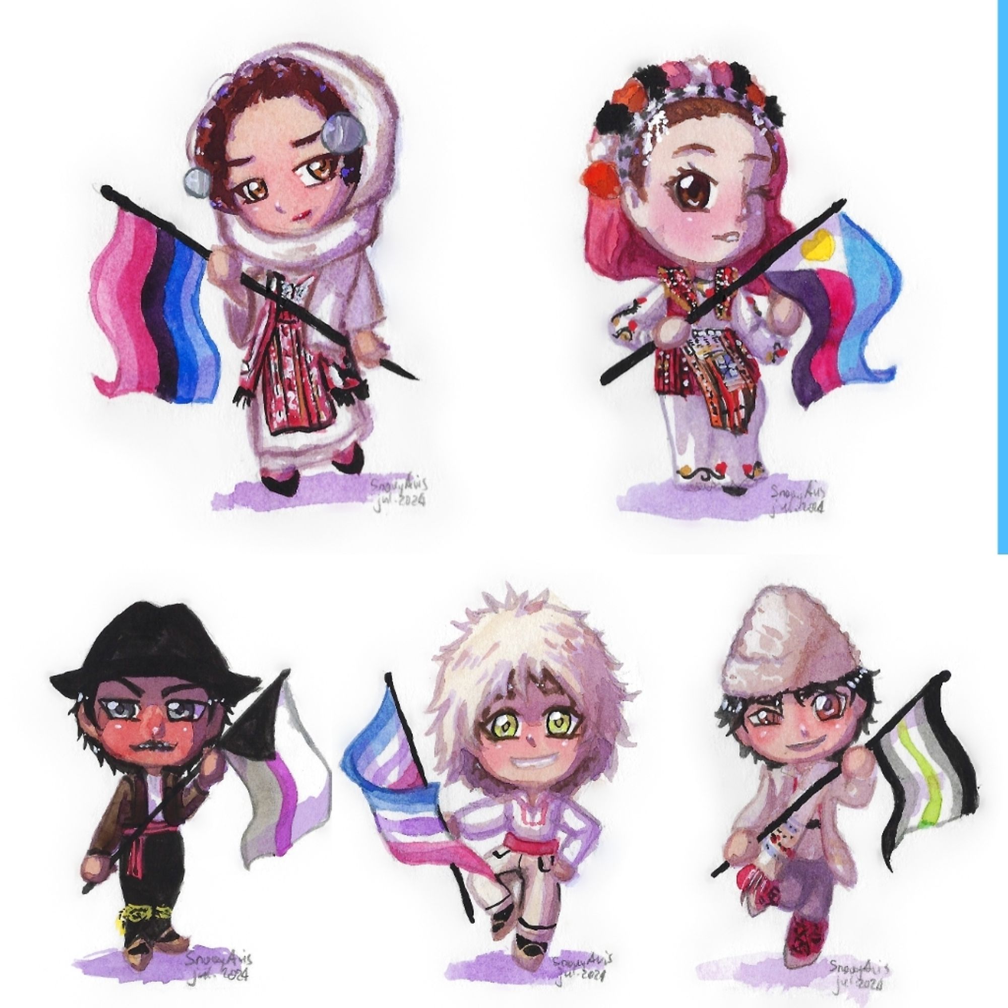 Picture showing five chibi characters carrying omnisexual, polyamorous, demisexual, bigender and agender flags and wearing folk clothes. Each individually described in the thread below.