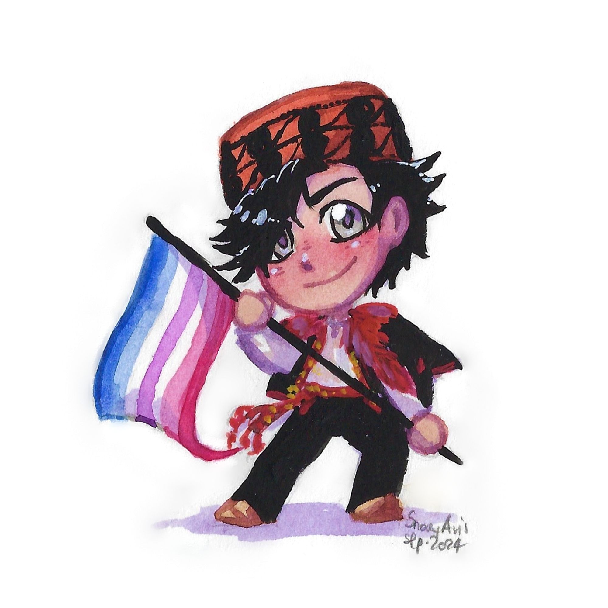 A water colour painting of a Chibi character holding the bigender pride flag and wearing folk clothes from the Dalmatian hinterland. They have pale skin, a bit of freckles, gray eyes and very messy and spiky black hair. His clothes consist of a white shirt, black pants, and black vest and jacket which he put only over his shoulders. The jacket has red and magenta embroidery and tassels all over it. On their head, they have the Šibenik style hat - a cylindrical orange hat with black swirling embroidery on the sides of it. He is standing energetically and determinedly, with a smirk and a frown.
The signature in the lower right corner says "SnowyAvis, Sep. 2024"