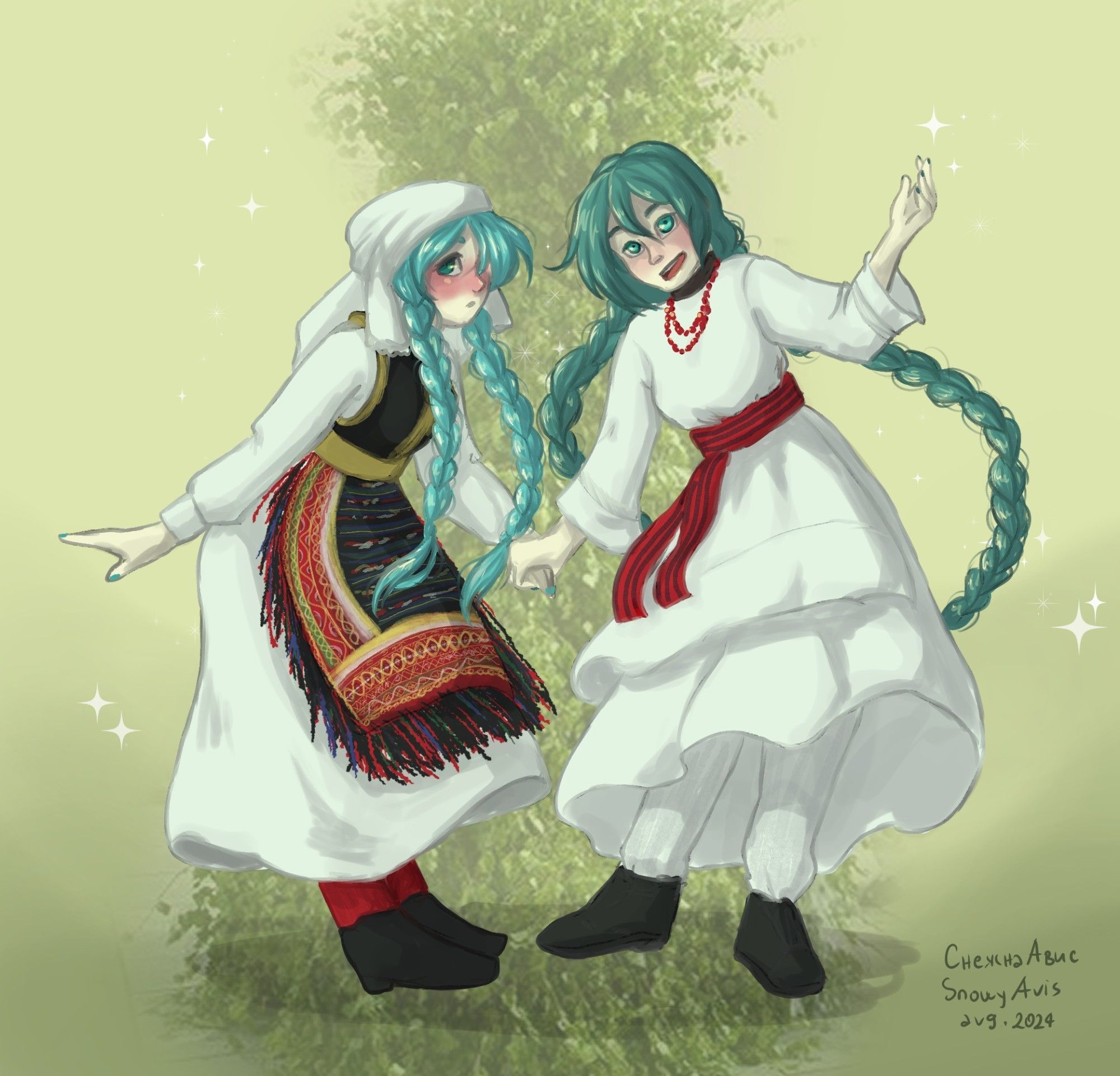 Two Miku drawn together. The one on the right has long white dress and a red belt, her teal hair is braided in two long braids behind her head. She has white socks and black shoes and is holding one of her hands up, while holding the other Miku's hand with her other hand. She has an energetic pose and is brightly smiling. The one on the left has a long white dress, a black and gold waistcoat and an apron with geometric embroidery in red, gree, blue, black and yellow colours. Hee hair is braided in two long braids that fall down her chest, and she has a white headscarf on. She also has red socks and black shoes. She's standing more timidly, looking at the viewer sideways so only her right eye is visible under her hair. The background is green-yellow, with the picture of zeleni Jurij. The sigzinnlower right corner says "Снежна Авис, Snowy Avis, avg 2024"