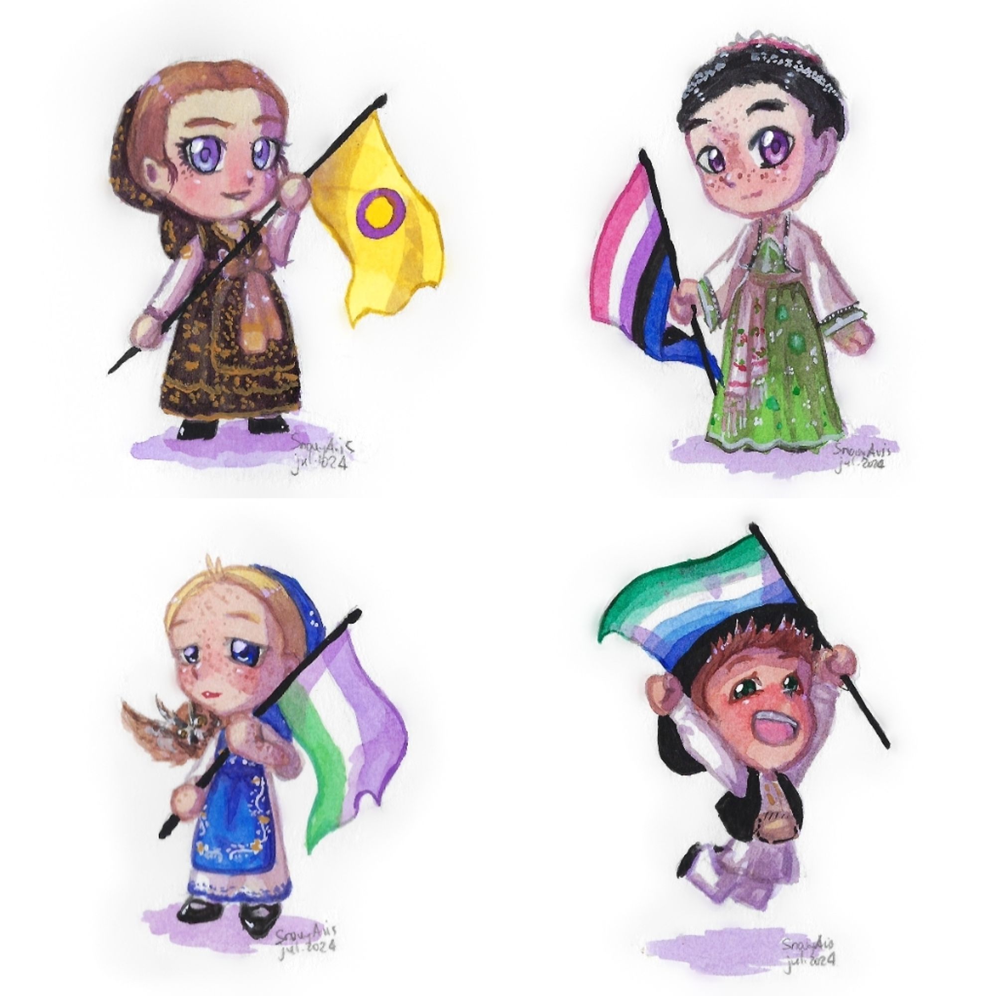 Picture showing four chibi characters carrying intersex, genderfluid, genderqueer and ocean gay flags and wearing folk clothes. Each described individually in the thread below.