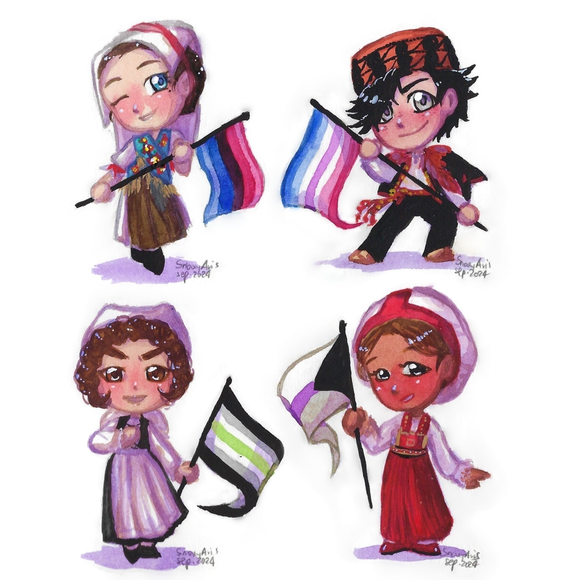 Four watercolour paintings of Chibi characters wearing Croatian folk clothing and carrying one of the pride flags: omnisexual, bigender, agender and demisexual. Each described individually in the following posts.