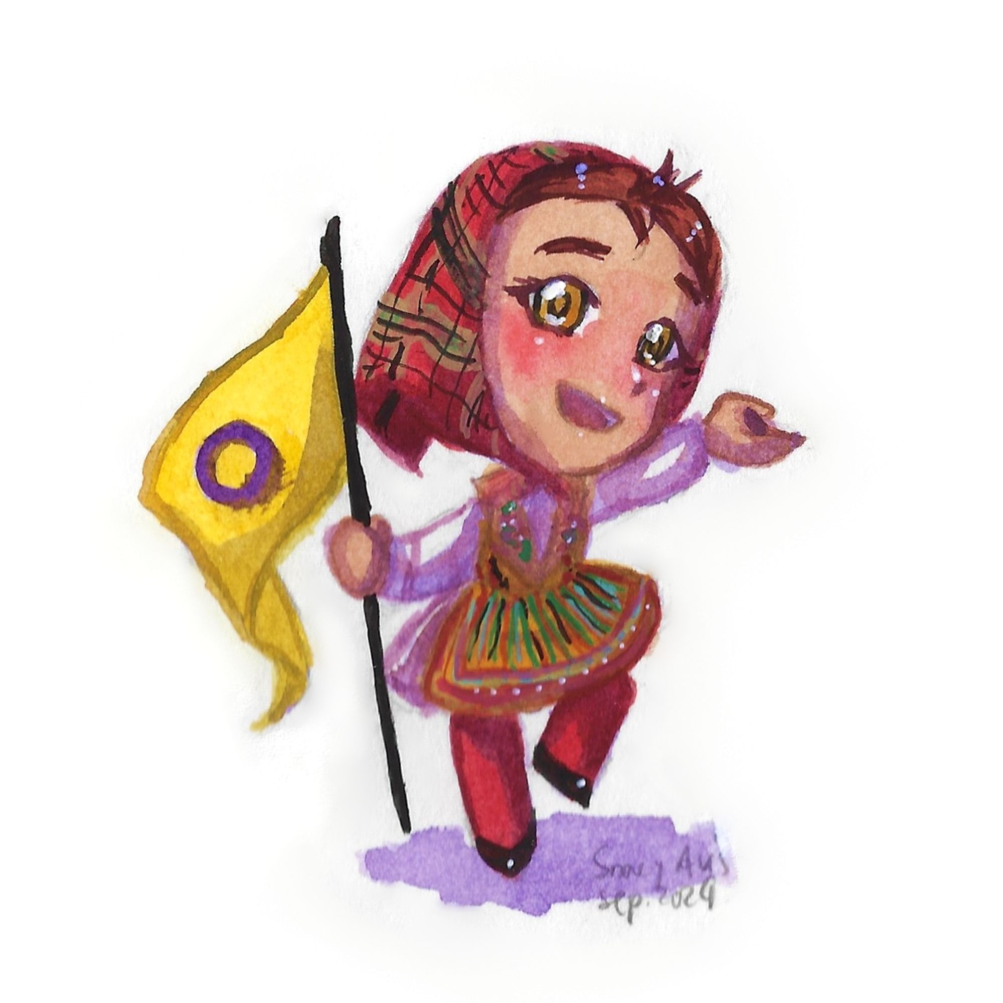 A water colour painting of a Chibi character holding the intersex pride flag and wearing folk clothes from the island of Susak. She has tan skin, warm brown hair and honey coloured eyes. Her clothes consist of a white shirt and a cute wide but shirt dress, resembling a ballerina dress. Over the dress she's wearing a yellow and orange vest and an apron in similar colours, also short to support the shape of her dress. She has red tights and black shoes. On her head she has a red checkered headscarf. She's holding one hand up and looks mid jump, almost like dancing, and the flag is in her other hand. She has a wide smile and in general looks very energetic and happy.
The signature in the lower right corner says "SnowyAvis, Sep. 2024"