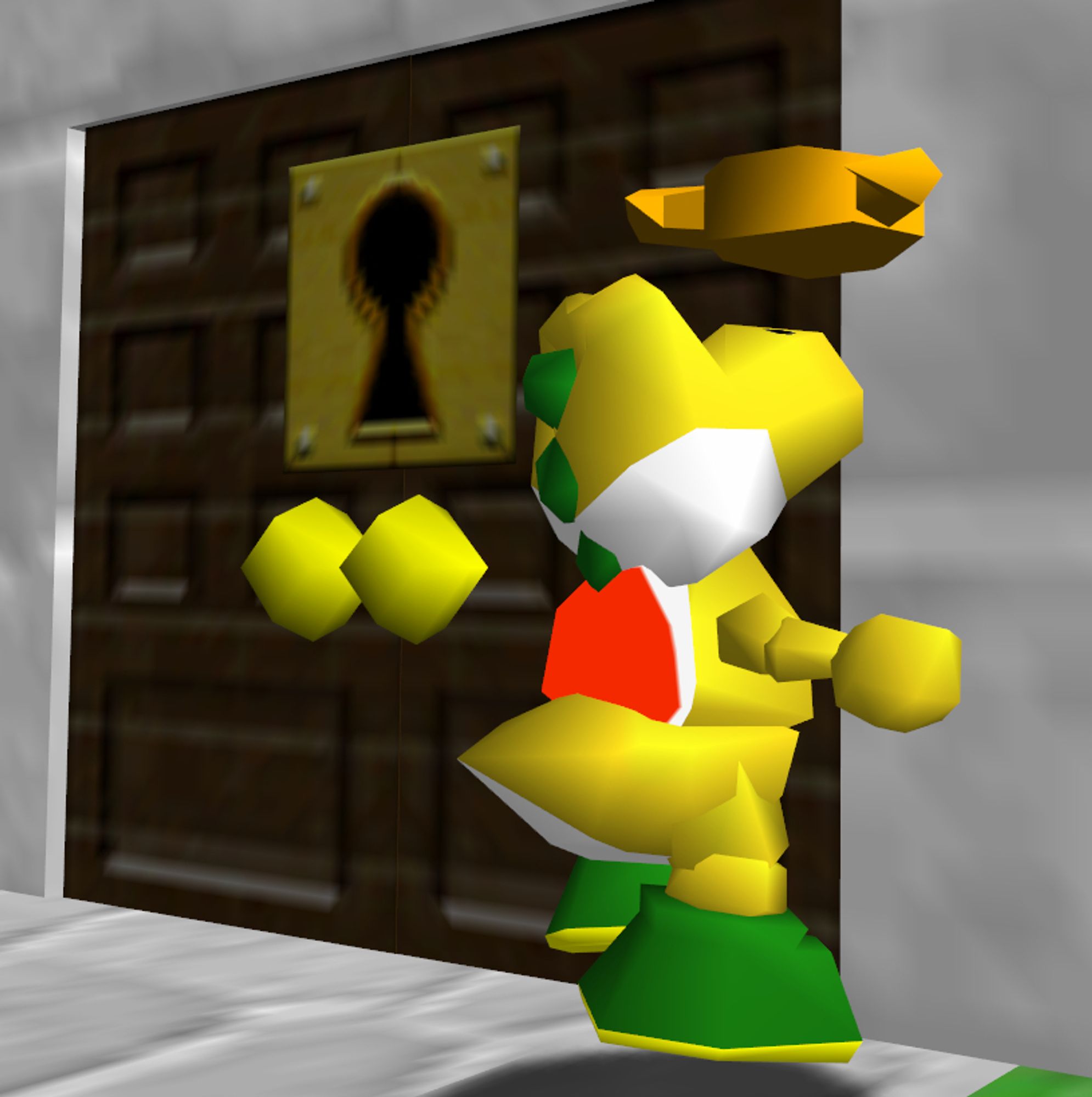 A collision error that occurred in a Mario 64 mod that allowed my player model to activate the unlock animation to the side of the door instead of the center.