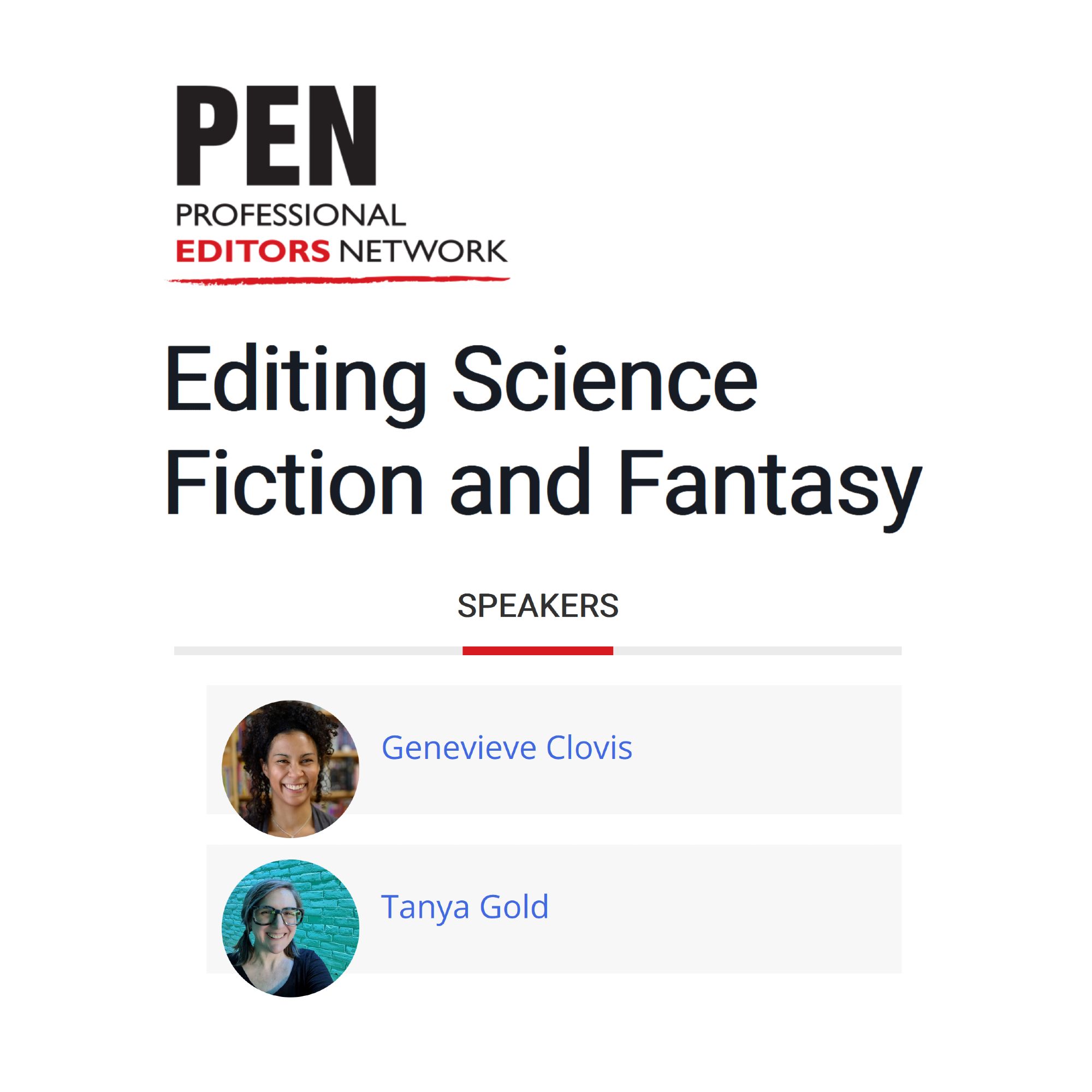 Talk announcement for Editing Science Fiction and Fantasy at the Professional Editors Network with speakers Genevieve Clovis and Tanya Gold