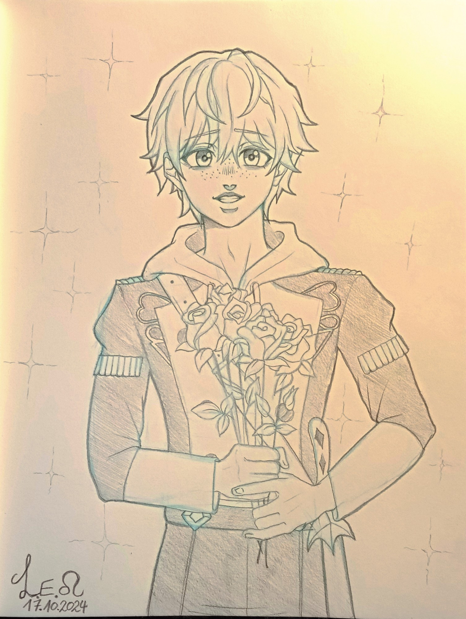 Traditional Sketch of Ashe Uber from Fire Emblem Three Houses who holds a bunch of roses