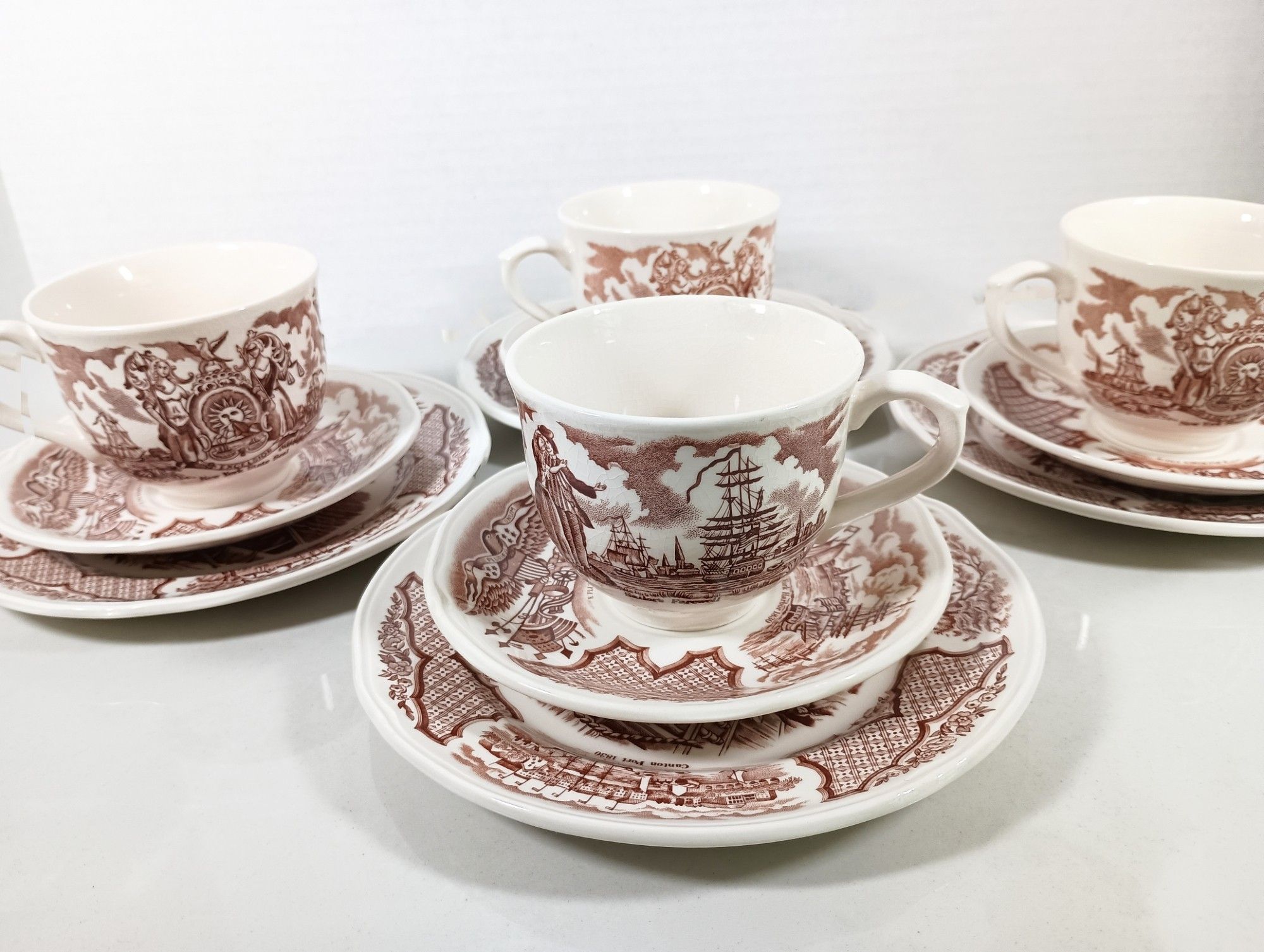 Alfred Meakin Fair Winds Brown Transferware  Afternoon Tea set, service for 4 Cups, Saucers and Bread/dessert plates