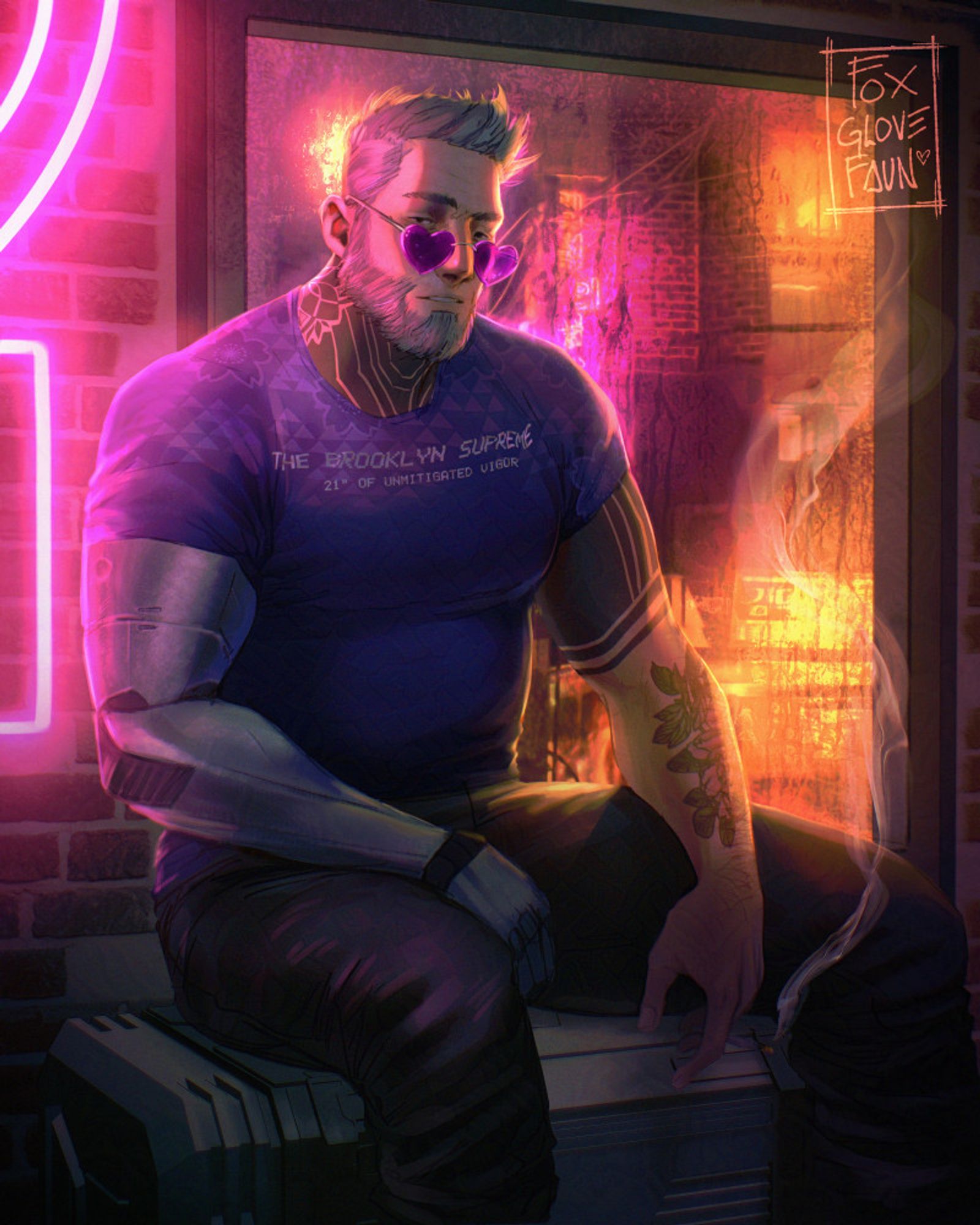 a digital illustration of an older white man sitting in front of a window. his chest is broad and he is leaning his right arm on his thigh while his other hand holds a cannabis joint. he is backlit by a bright pink neon sign, as well as by orange lights that pass through the window behind him. there is rain and moisture on the glass, blurring the signage outside. his right arm is made of a silvery metal that is scratched and scuffed, and his left arm has blackwork and floral tattoos. his expression is relaxed and aloof, and he looks at the viewer over purple heart-shaped sunglasses. his hair is short and grey, and his neck is tattooed with simple blackwork. he is wearing simple dark-brown work pants and a purple exercise tee shirt with a print pattern of triangles and flowers. across the front of his shirt in a silvery hologram material is pixellated text that says "the brooklyn supreme 21" of unmitigated vigor."