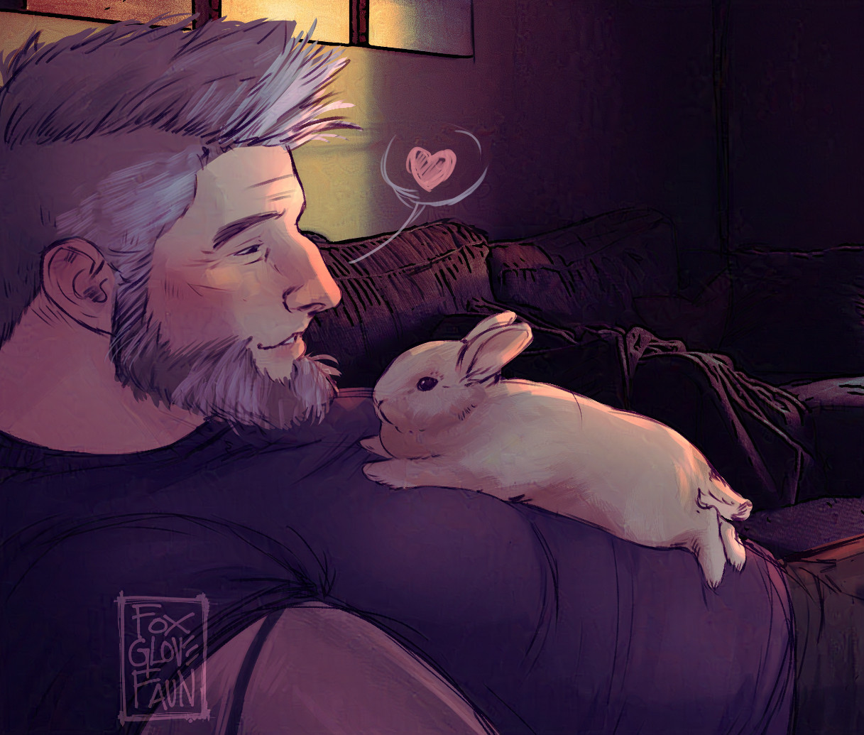 an illustration of an older white man with a beard and grey hair reclining on a sofa. he is smiling because there is a small brown rabbit laid out on his chest facing him. its front paws are near his chin and its back legs are splayed out behind it. The light in the room is soft and gold and all the colors around them are a soft violet and brown. a little heart speech bubble comes out of the older man as he looks fondly at the relaxed rabbit.