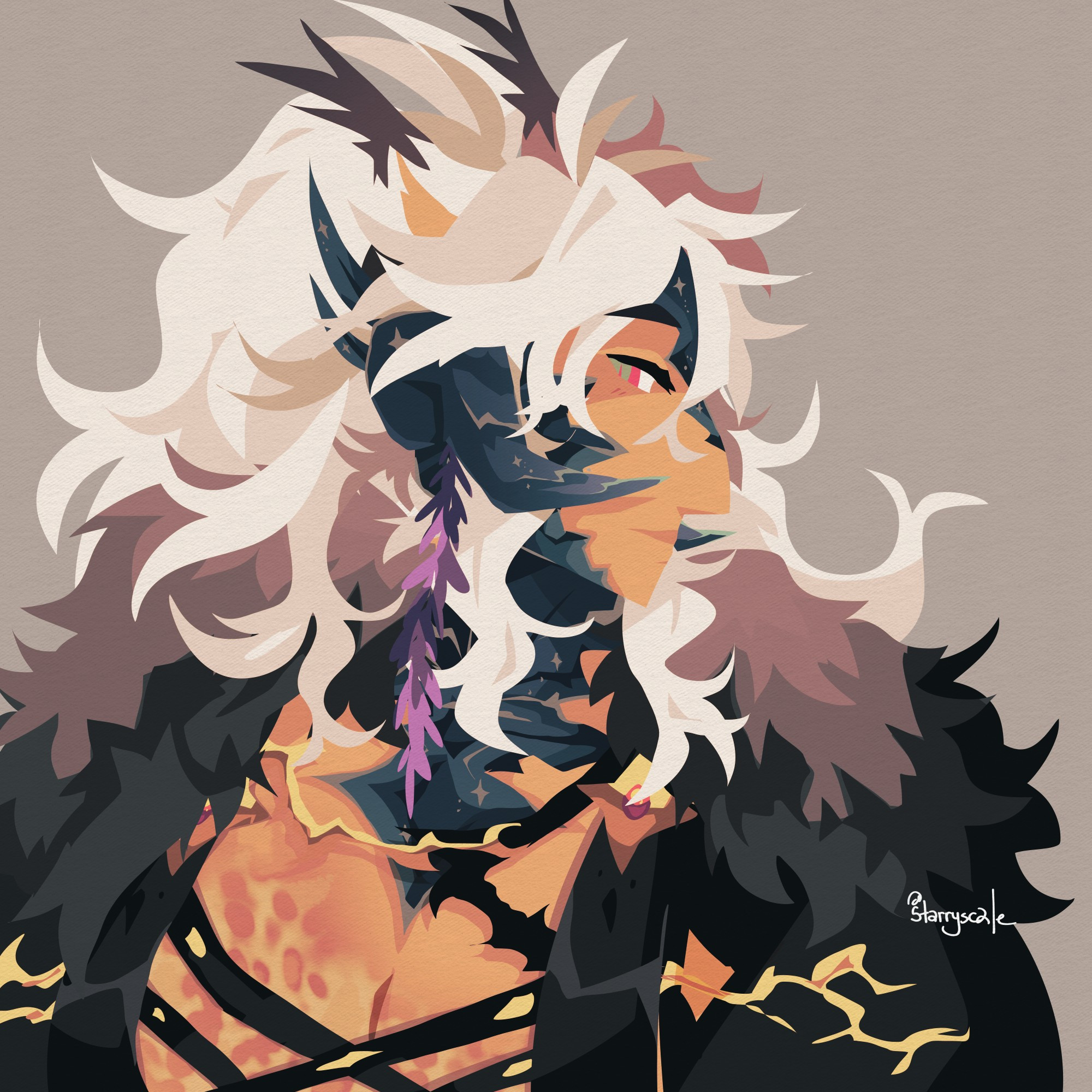 a side profile of a miqo'te/xaela man with long white hair, and a strappy black outfit exposing his chest and burn scars. in his hair is a piece of wisteria.