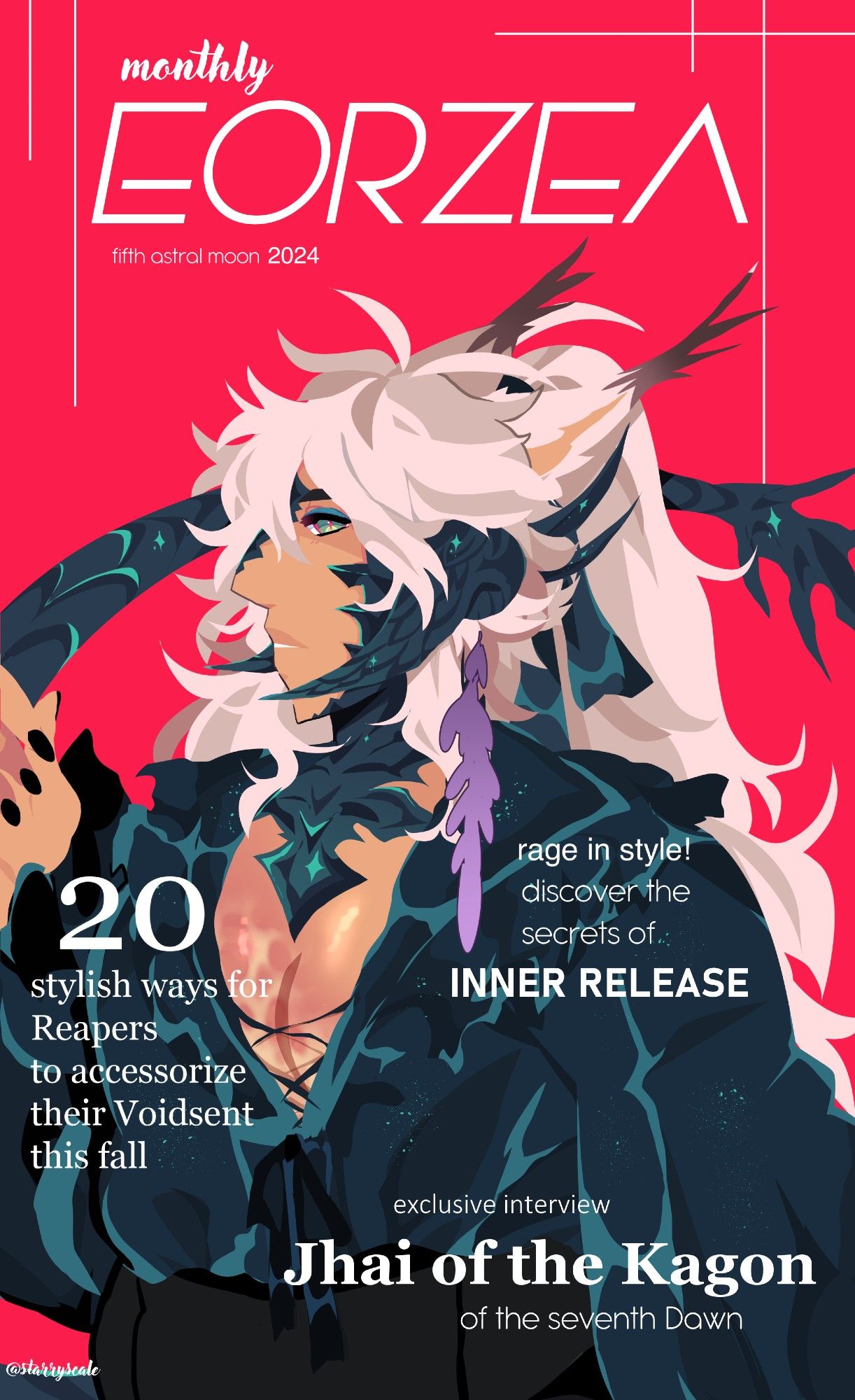 a mock magazine cover with a man in a stylish, silken blouse on the front of it. in his head is a purple wisteria flower.

the text reads.

"monthly EORZEA. fifth astral moon 2024

20 stylish ways for Reapers to accessorize their Voidsent this fall

Rage in style! Discover the secrets of Inner Release

exclusive interview: Jhai of the Kagon of the seventh Dawn"