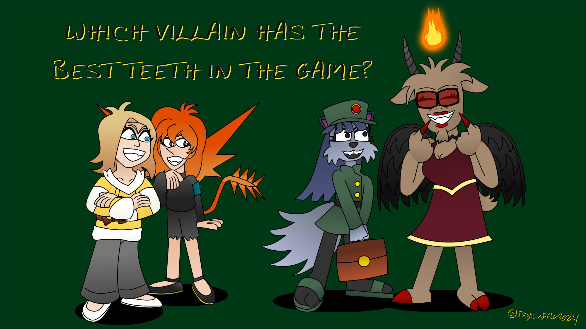 Mandy, Phoenix, Zofia and Baphomet hanging out and discussing who has the best teeth (smile). Text above them says "Which villain has the best teeth in the game?"