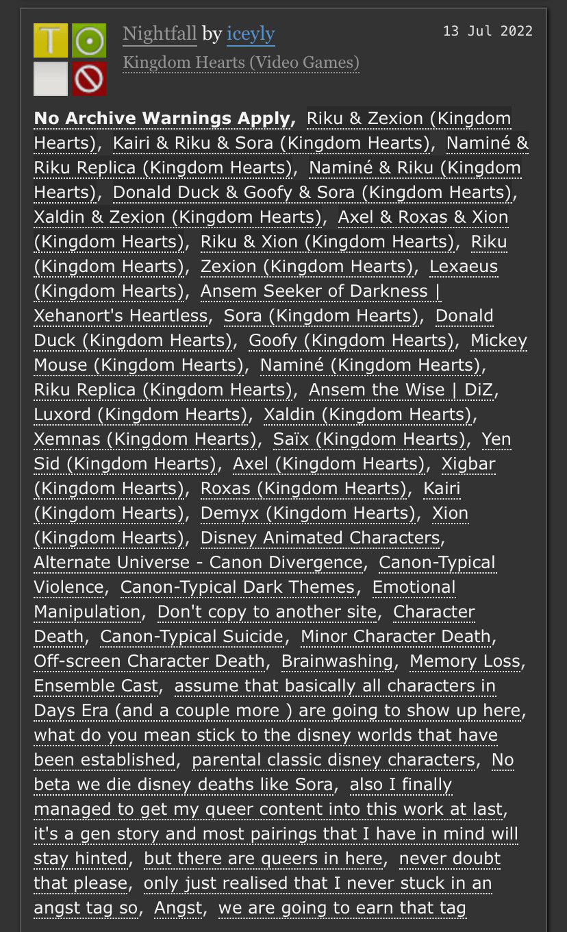 Picture of Ao3 tags for Nightfall!