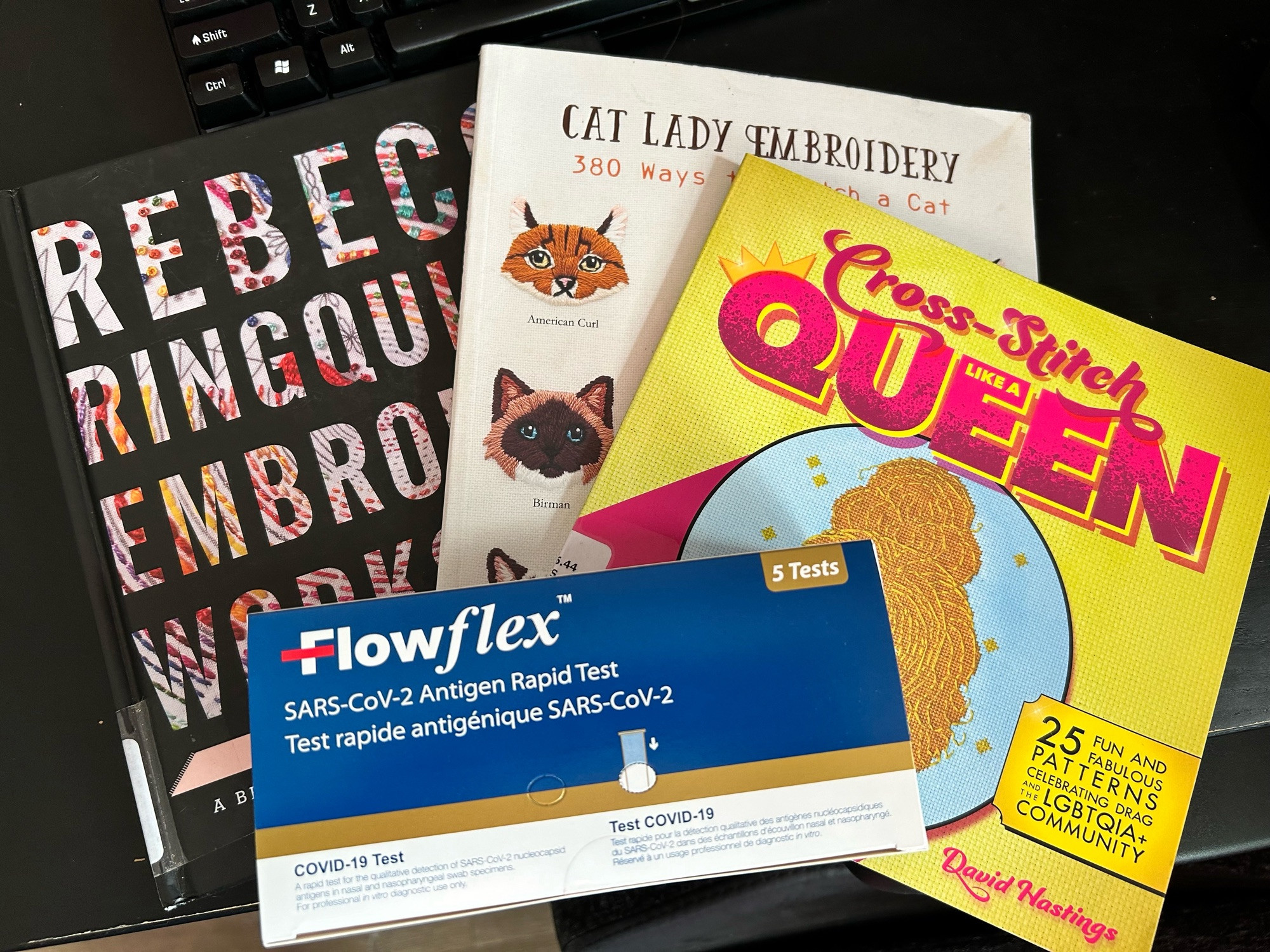 Three books and a box of Flowflex SARS-CoV-2 Antigen Rapid Test.

The books are: a hardcover copy of Rebecca Ringquist’s Embroidery Workshops, Cat Lady Embroidery 380 ways to stitch a cat, Cross-Stitch like a Queen by David Hastings.