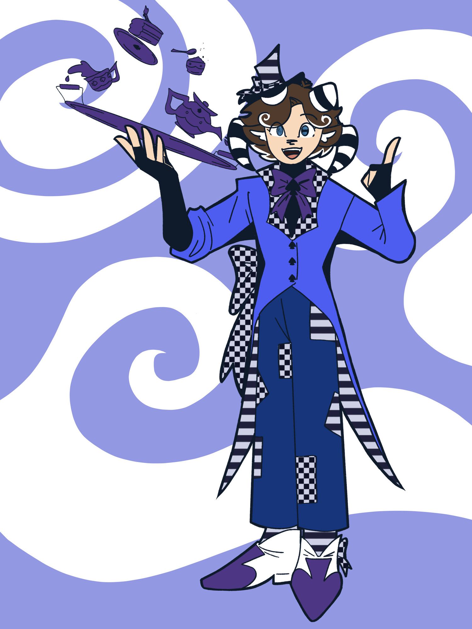 A version of my sona designed to fit wonderland. He is wearing a blue suit with black and white striped lining and checkerboard lapels and a black, turtleneck undershirt which becomes fingerless gloves. He has a purple bow on his neck with a spades suit symbol in the center. He has striped black and white goat horns and goat ears and a small black and white striped hat on one side of his head. He is holding a tea tray with some cake, teacup, teapot and sugar. His trousers are dark blue dress trousers with patches of black and white striped or checkerboarded. He has formal shoes with a spade suit symbol on them and small bows of the ankles. On his right hip is a massive checkerboard bow. His hair is brown with white tips which swoop around his horns.