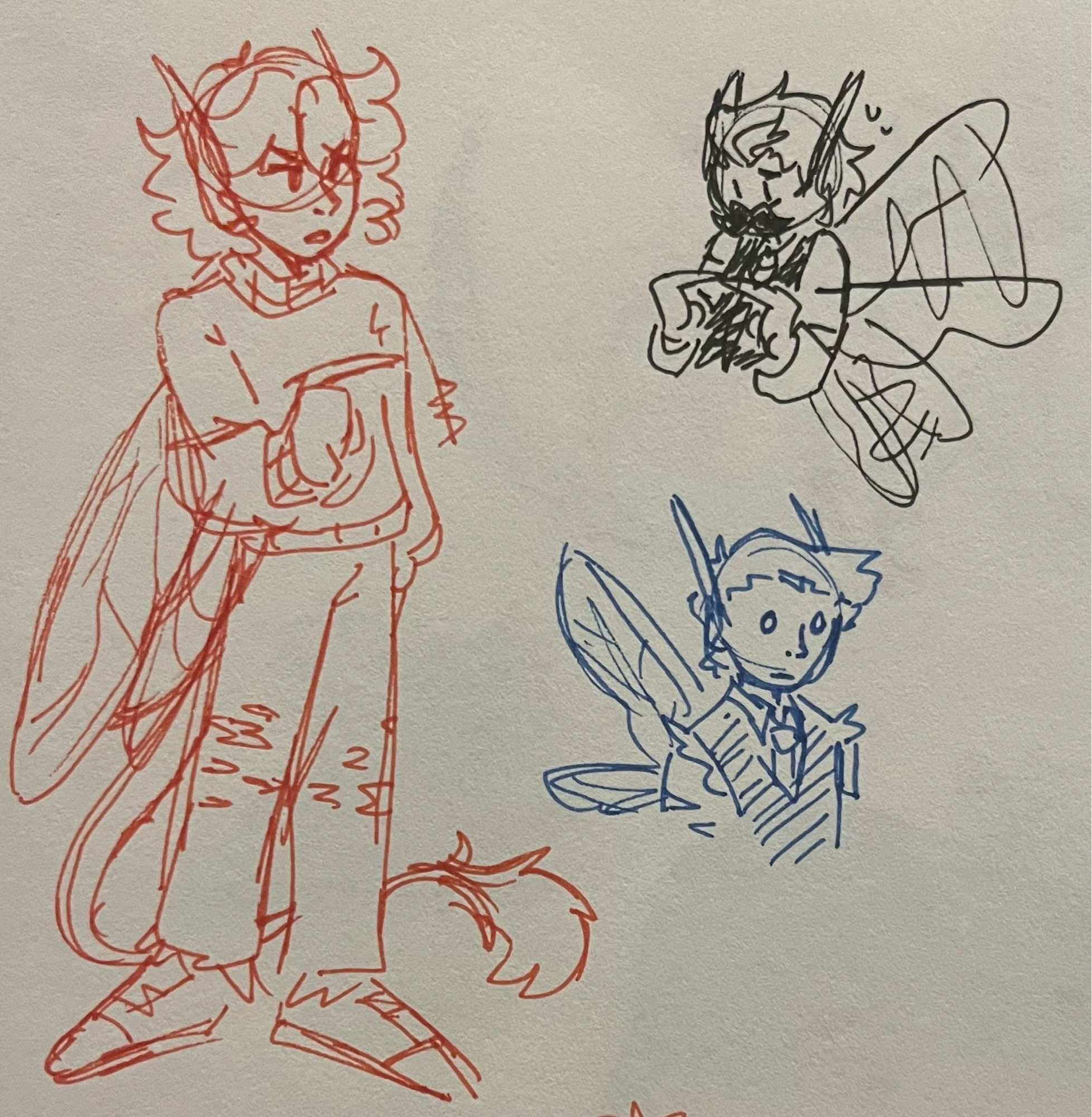 Grian, Mumbo and Skizz as pixies. They have long, long ears and dragonfly wings and weird little rat tails with fluffy bits at the end. The Skizz and Mumbo doodles are just headshots. Mumbo is fidgeting and flitting his wings. Skizz is staring into the abyss.