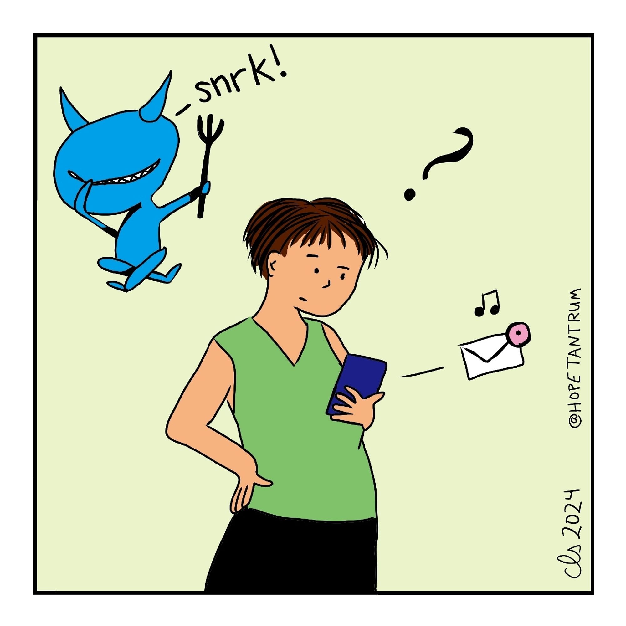 Panel 3: An email notification. The person looks confused, the imp is snickering