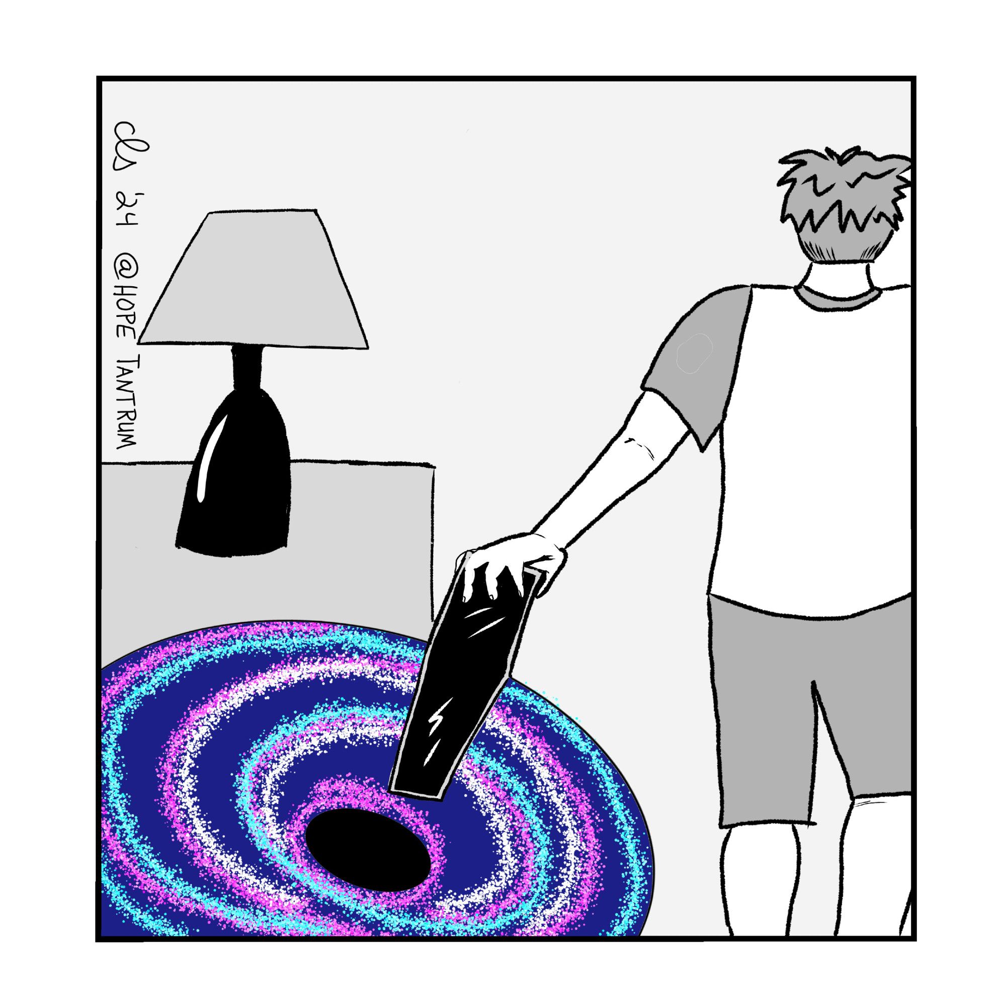 Panel 3: As he walks away, setting down the phone behind him, the phone slips and stretches into a black hole that's opened up on the end table.