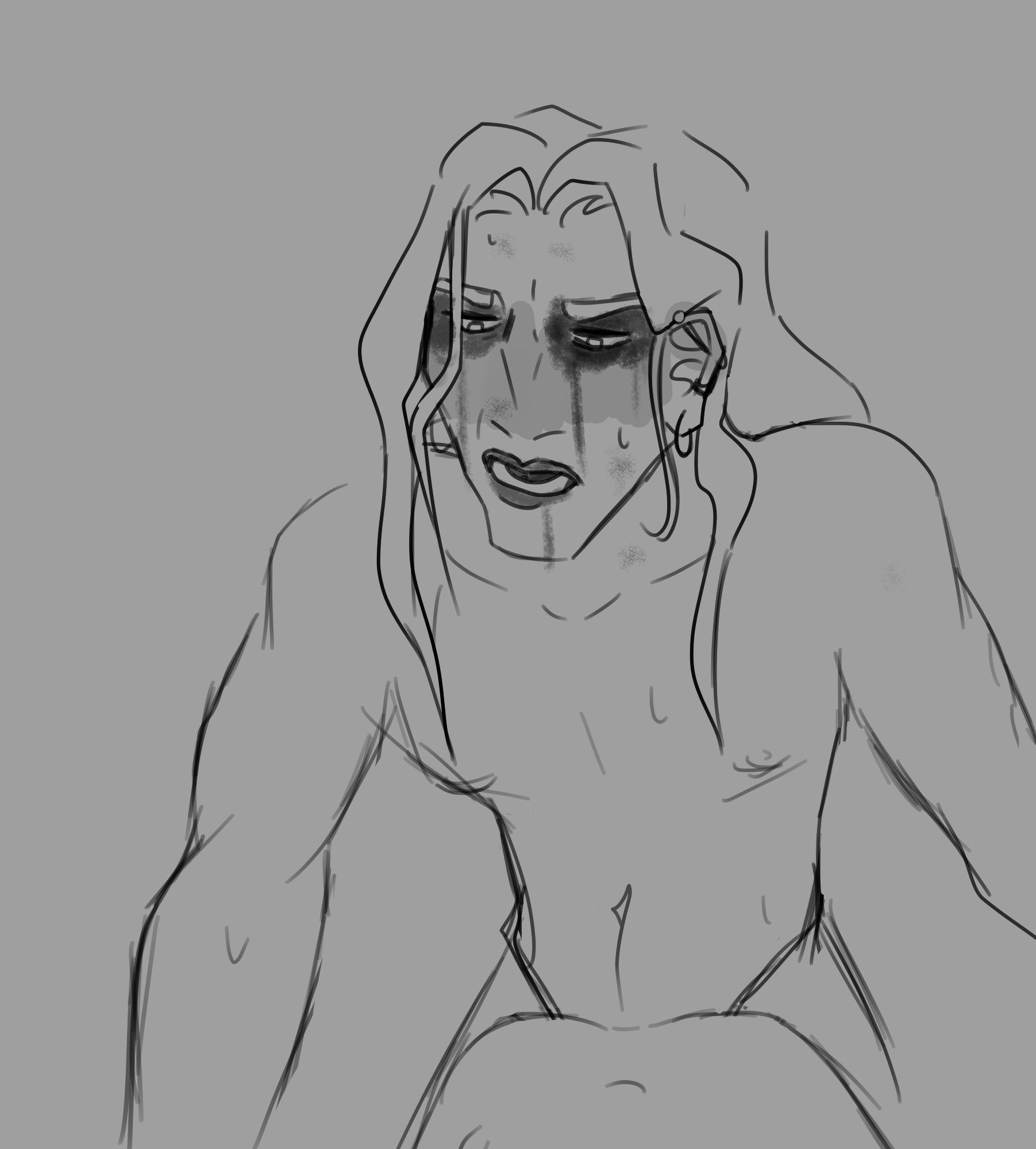 A digital sketch of Skwisgaar from Metalocalypse nude and hitting it from the back with his show makeup on