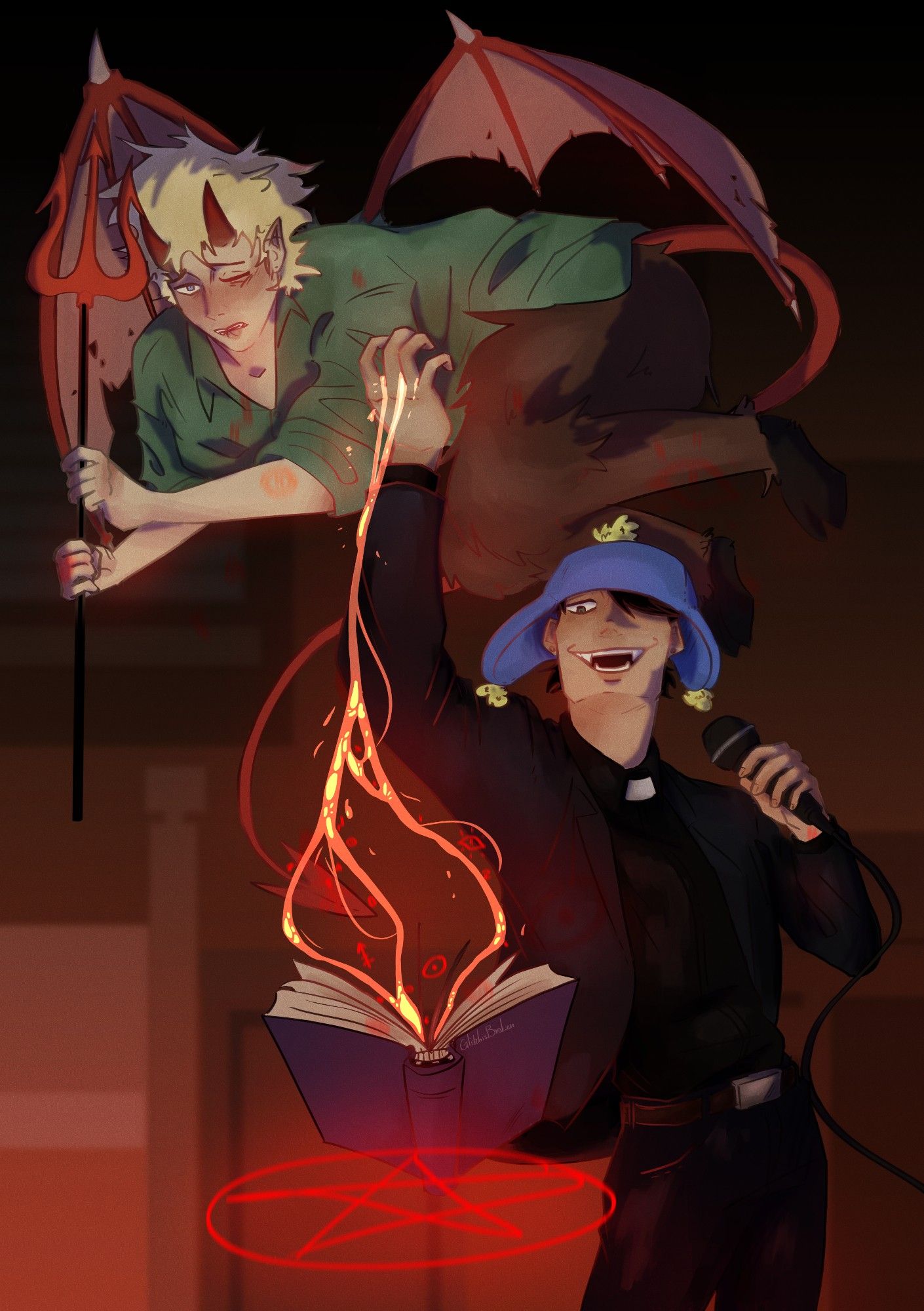 A bedroom background. Craig and Tweek from South Park are in front, looking older (teens likely) in their Phone Destroyer Imp and Preacher costumes. Craig is lifting a glowing liquid from a glowing book, a pentagram underneath it floating. Tweek flies above and behind Craig in his Imp outfit.