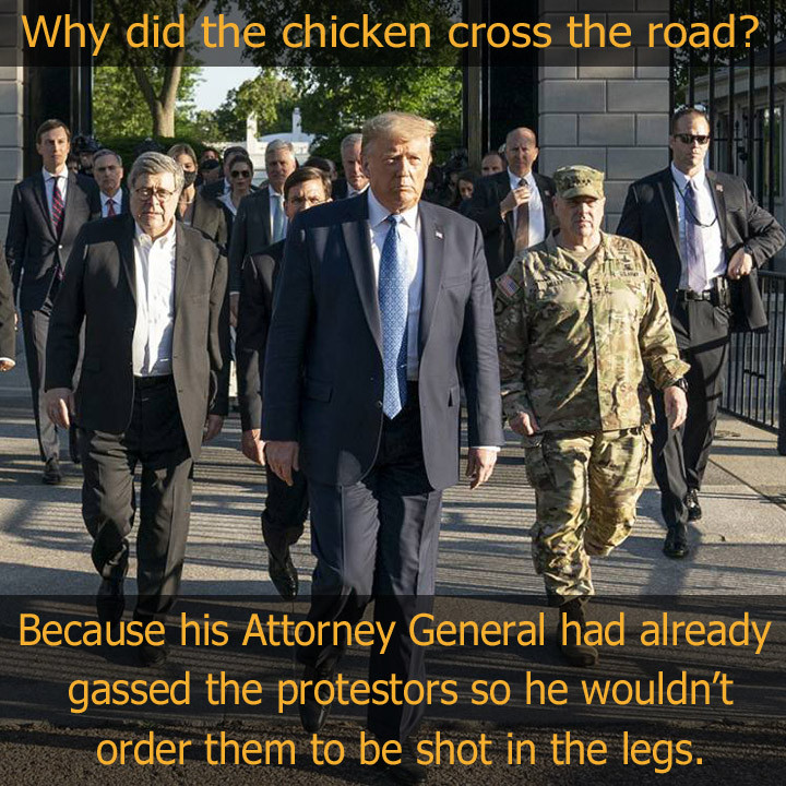 Meme of the photo of Trump crossing the road with his entourage.
Text: "Why did the chicken cross the road?  Because his Attorney General had already gassed the protestors so he wouldn't order them to be shot in the legs."