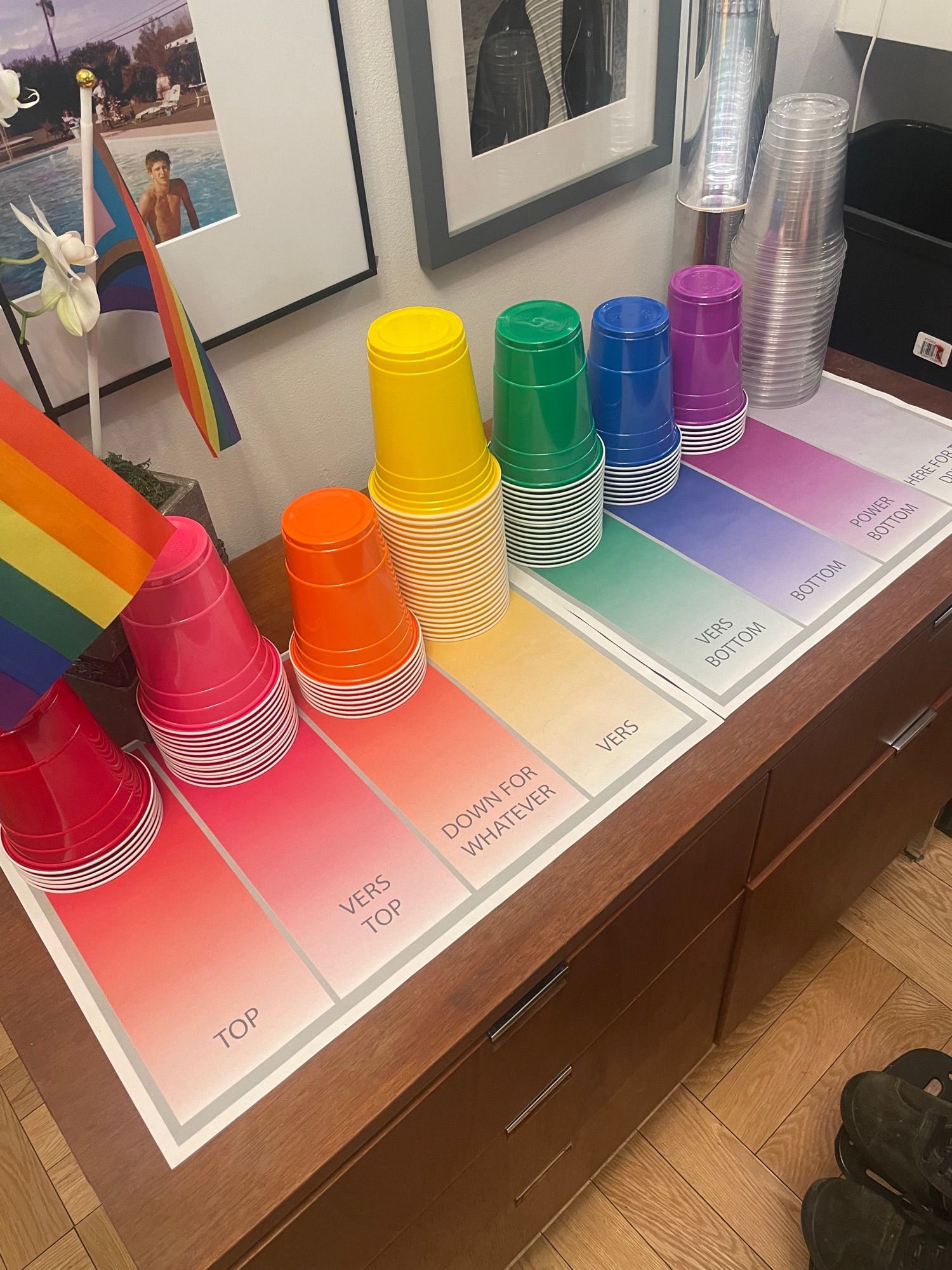 A row of different colored solo cups. Each color means something different. 

Red - Top
Pink - Vers Top
Orange - Down for Whatever 
Yellow - Vers 
Green - Vers Bottom
Blue - Bottom
Purple - Power Bottom
Clear - Hear for the Drugs