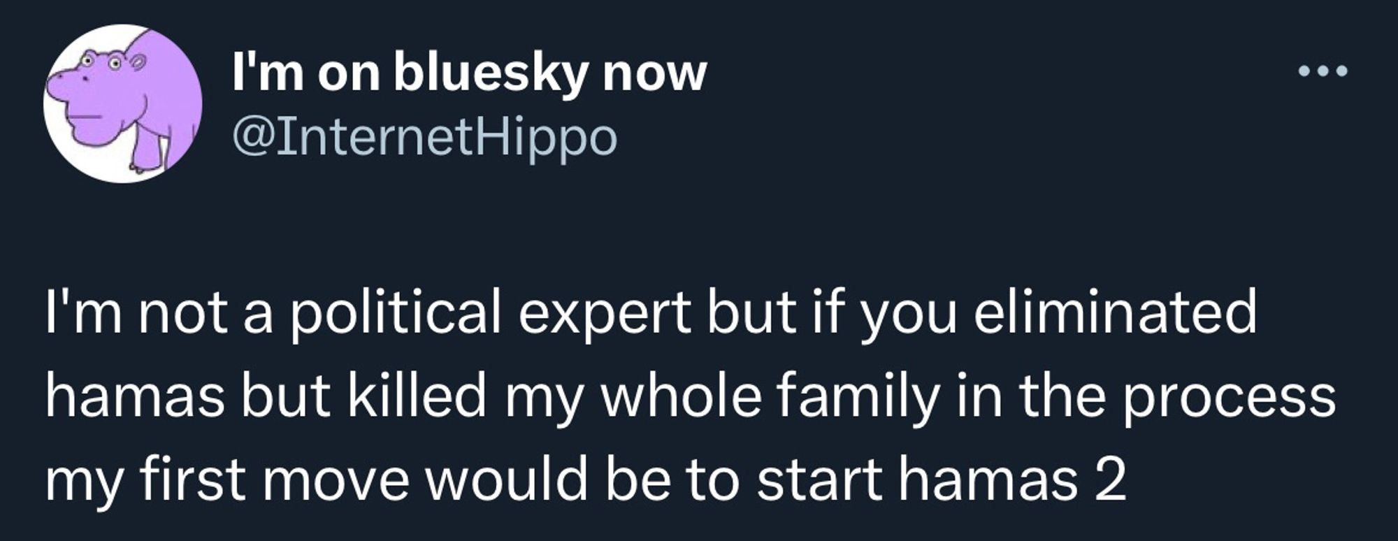 Screenshot of a tweet from @InternetHippo:

I'm not a political expert but if you eliminated hamas but killed my whole family in the process my first move would be to start hamas 2