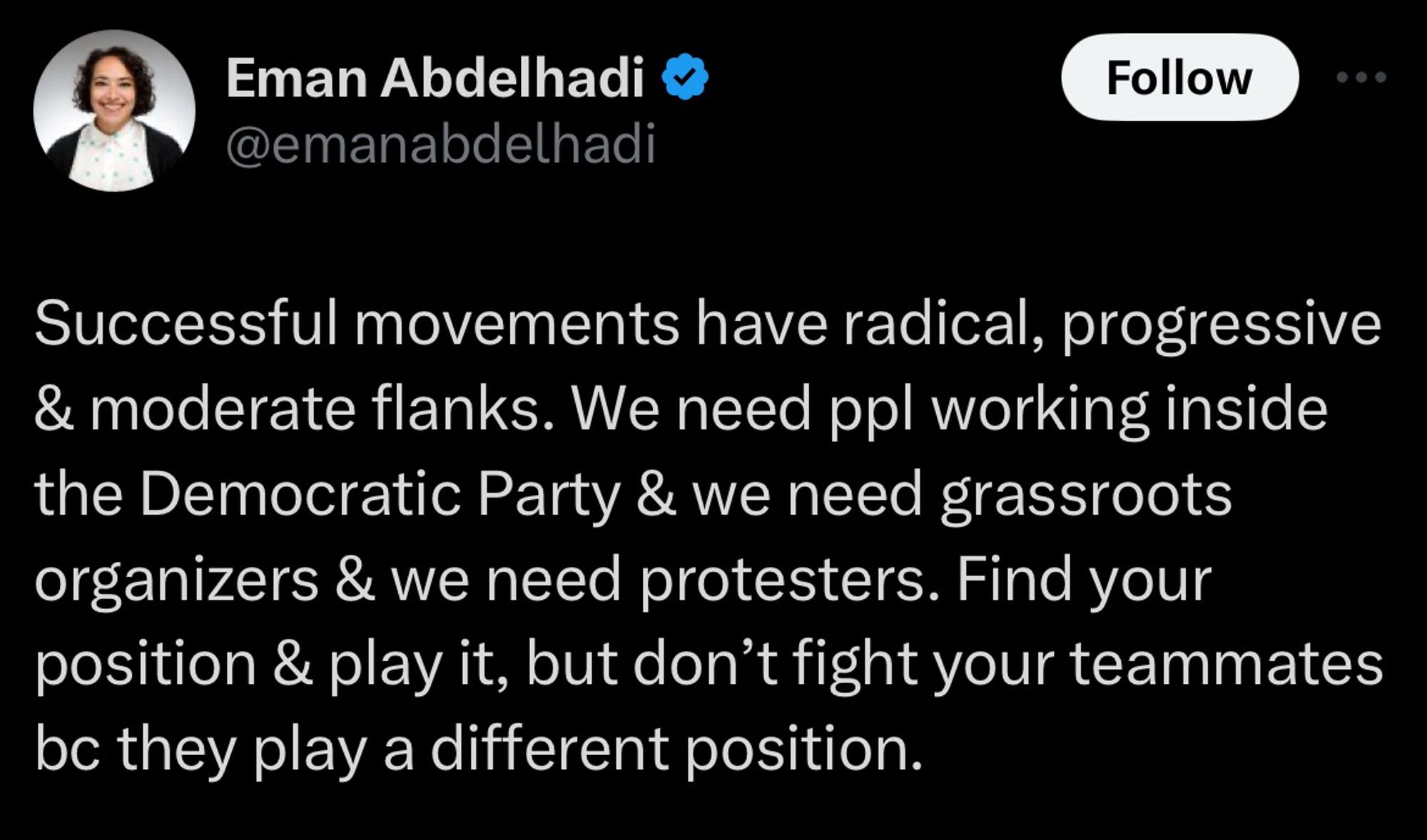 Tweet from Eman Abdelhadi.

@emanabdelhadi
Successful movements have radical, progressive & moderate flanks. We need ppl working inside the Democratic Party & we need grassroots organizers & we need protesters. Find your position & play it, but don't fight your teammates be they play a different position.