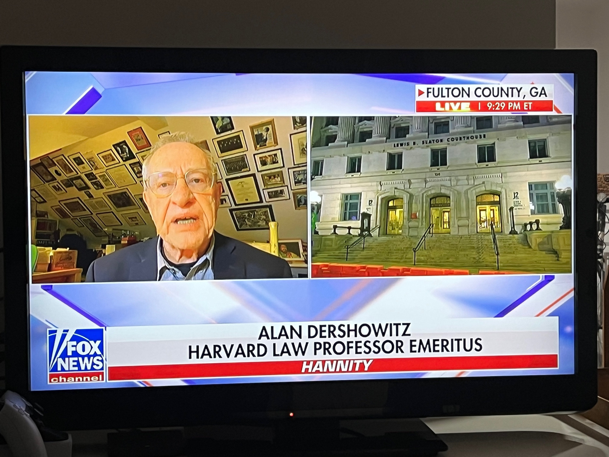 TV screen showing Alan Dershowitz on Hannity while they talk about Donald Trump getting indicted. Again. 