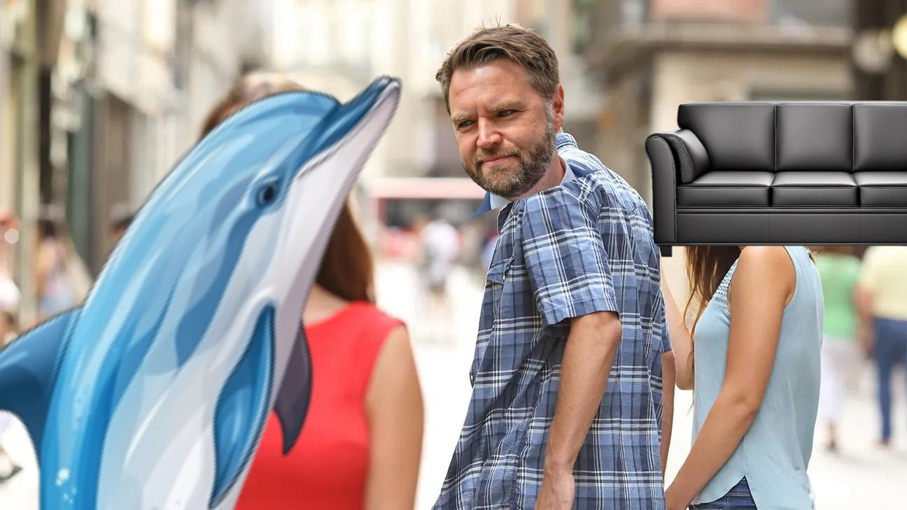 Distracted boyfriend meme with JD Vance looking at a blue cartoon dolphin instead of a generic black couch.