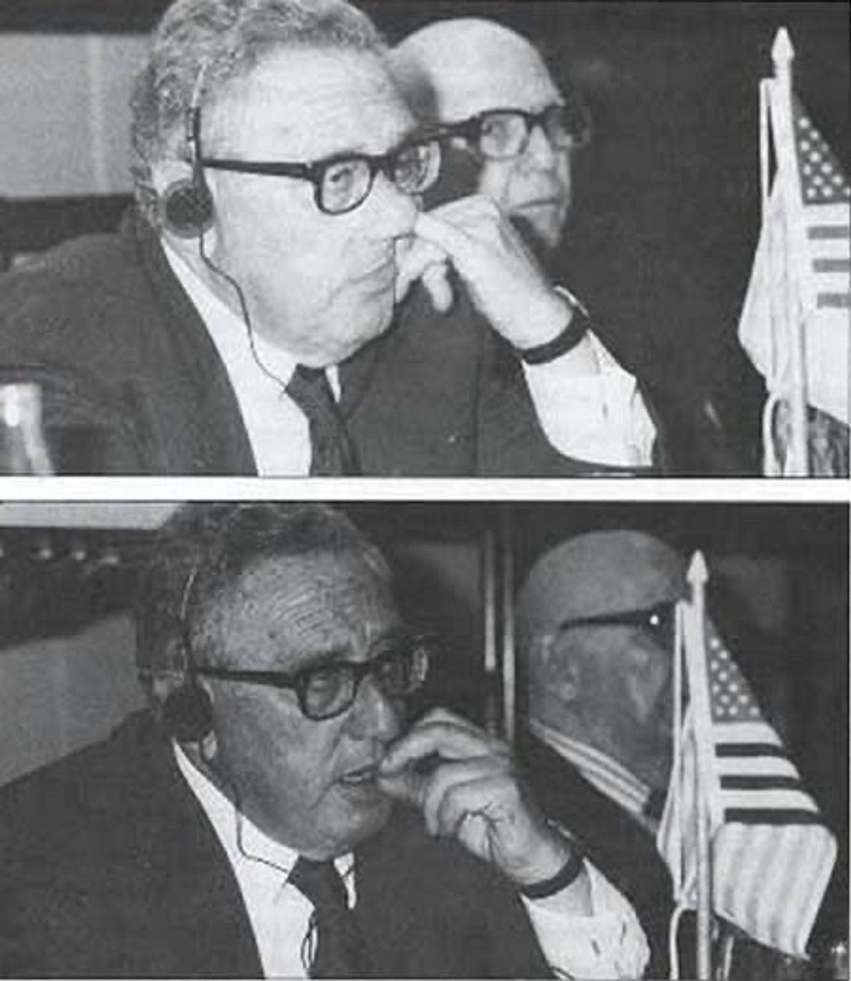 Two black and white photographs of Henry Kissinger. 

Top picture is Henry Kissinger picking his nose and the bottom picture is him eating his boogers.