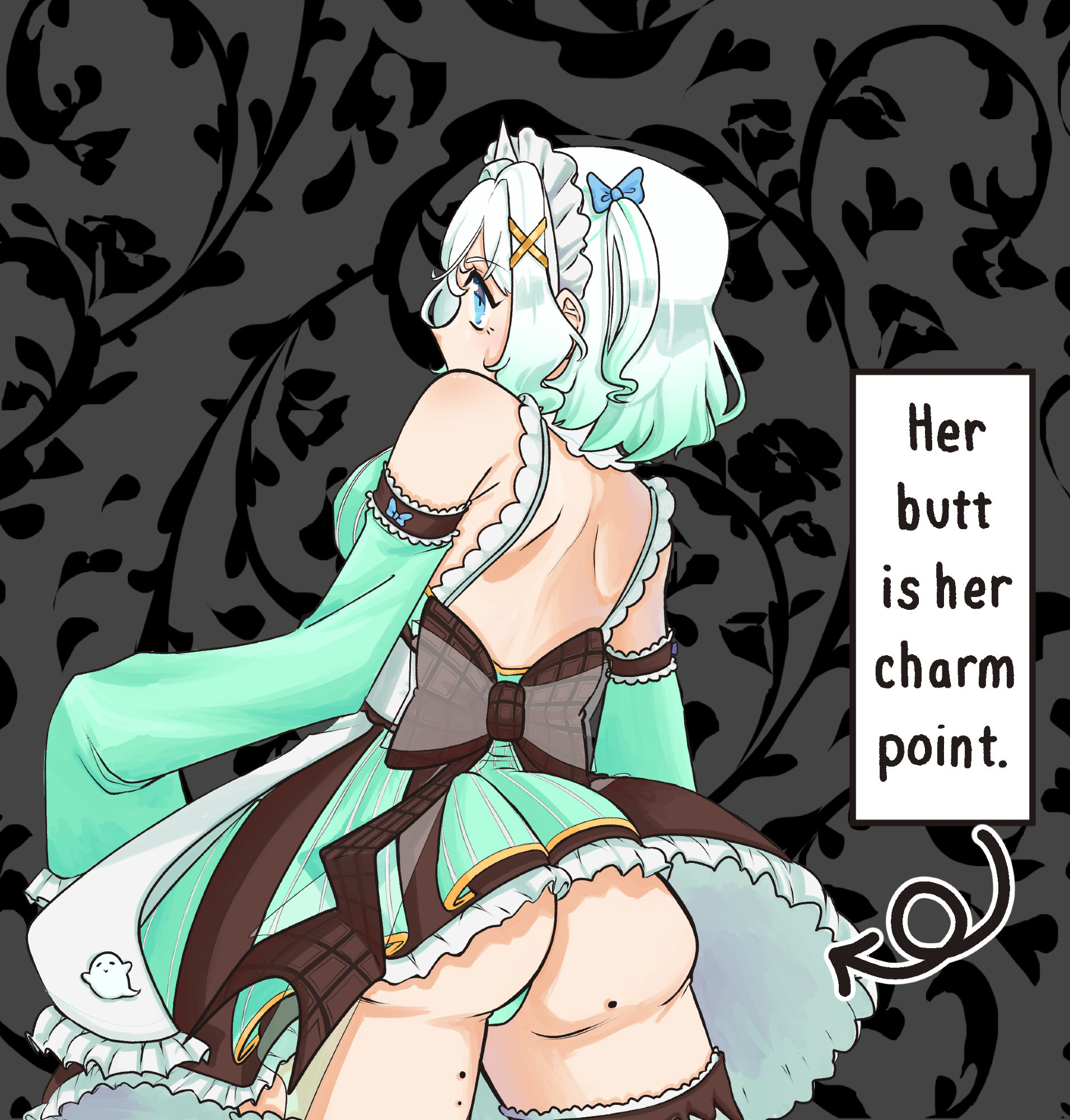 mint fantome facing away from the camera. a text box reads "her butt is her charm point" with an arrow pointing towards her rear