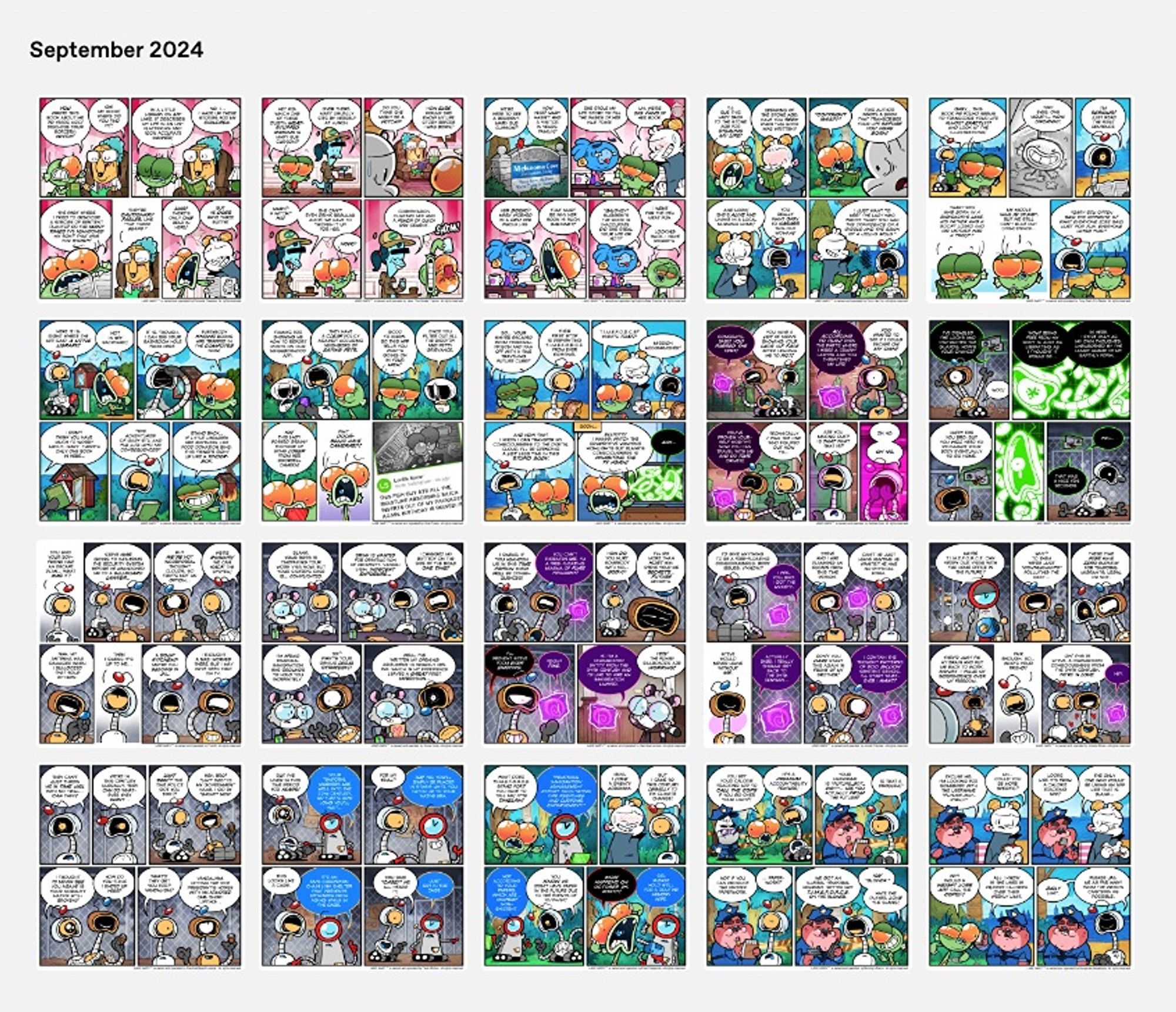 A grid of 20 colorful comic thumbnails titled SEPTEMBER 2024