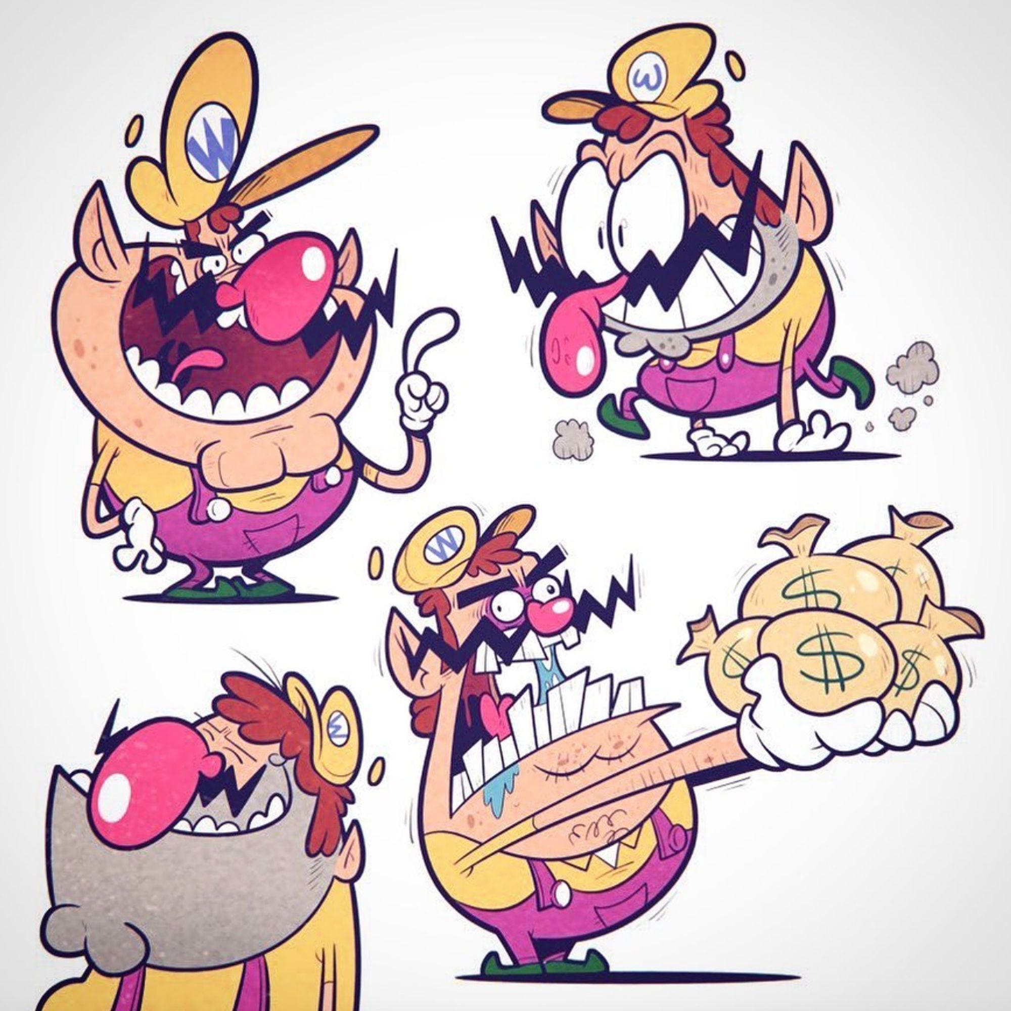 four different cartoon renderings of Wario. WAH