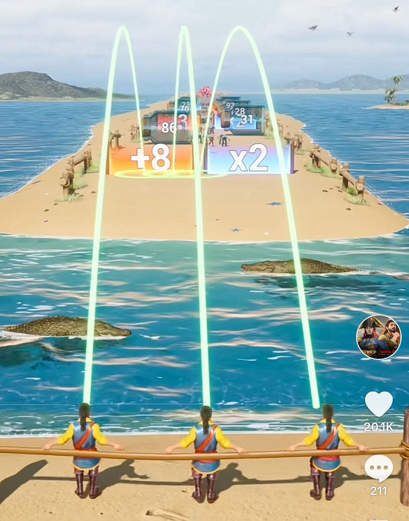 A screenshot from a mobile game ad with three men seen from behind with lines arcing from their bodies that kinda look like piss. 