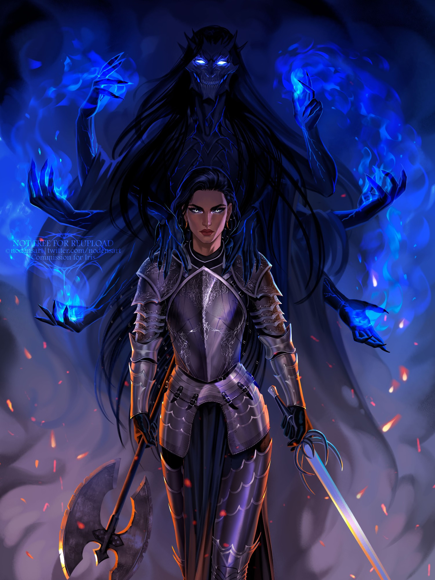 Epic lady knight with shadow lord, fantasy illustrations, original dnd character, blue magical light, warrior armor