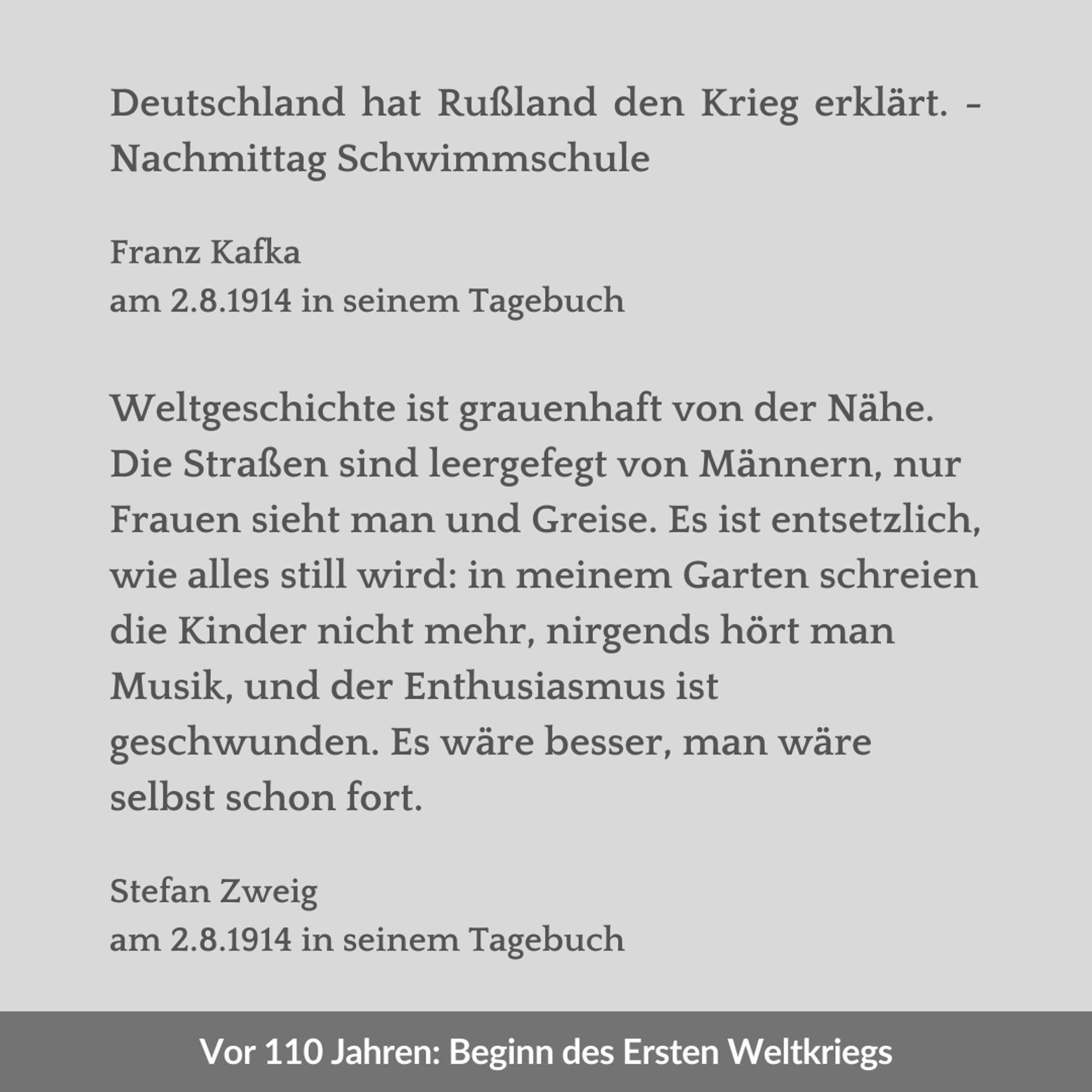 Zweigeteilte Kachel. Unten ein dunkelgrauer Streifen. Davor in weiß der Text: "Vor 110 Jahren: Beginn des Ersten Weltkriegs". Oben vor hellgrauem Hintergrund in dunkelgrau der Text: "Deutschland hat Rußland den Krieg erklärt. - Nachmittag Schwimmschule. Franz Kafka am 2.8.1914 in seinem Tagebuch. Weltgeschichte ist grauenhaft von der Nähe. Die Straßen sind leergefegt von Männern, nur Frauen sieht man und Greise. Es ist entsetzlich, wie alles still wird: in meinem Garten schreien die Kinder nicht mehr, nirgends hört man Musik, und der Enthusiasmus ist geschwunden. Es wäre besser, man wäre selbst schon fort. Stefan Zweig am 2.8.1914 in seinem Tagebuch"