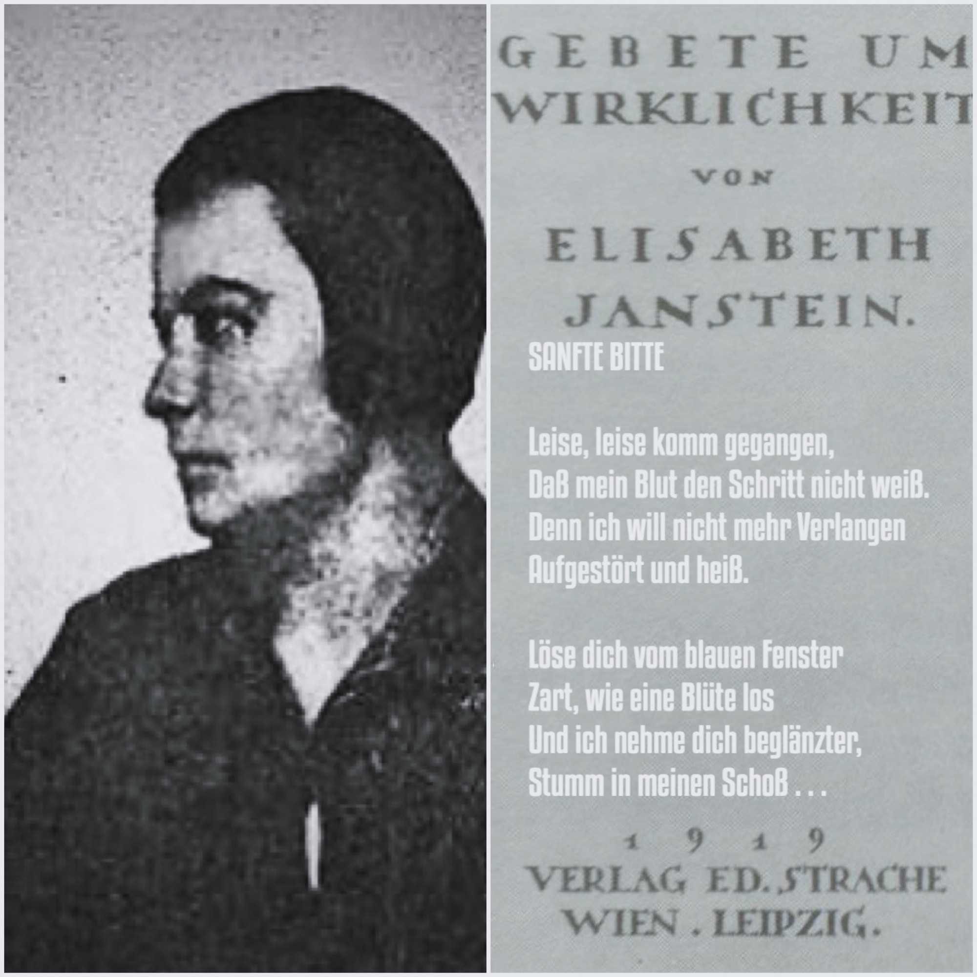 Zweigeteilte Kachel. Rechts das Schwarz-Weiß-Porträt einer jungen Frau mit Haaren im Pagenschnitt. Links ein Buchcover: Grauer Hintergrund, darauf der Text: „Gebete um Wirklichkeit von Elisabeth Janstein. 1919. Verlag Ed. Strache. Wien. Leipzig“. Dazu gesetzt in weißer Schrift der Text:

SANFTE BITTE

Leise, leise komm gegangen,
Daß mein Blut den Schritt nicht weiß.
Denn ich will nicht mehr Verlangen
Aufgestört und heiß.

Löse dich vom blauen Fenster
Zart, wie eine Blüte los
Und ich nehme dich beglänzter,
Stumm in meinen Schoß . . .