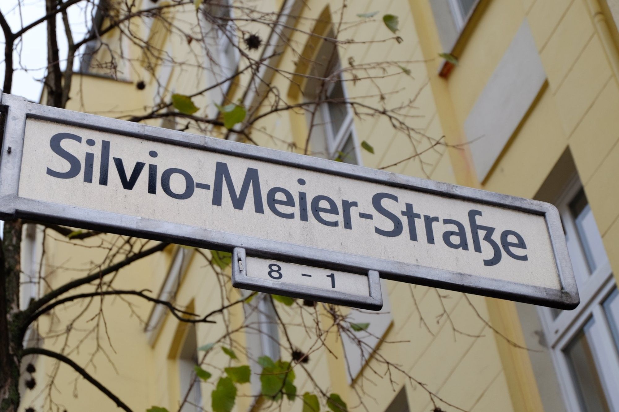 Ein Foto von einem Berliner Straßenschild mit der Aufschrift 

Silvio-Meier-Straße
8-1

Im Hintergrund ein Laubbaum mit einigen Blättern und ein gelb gestrichener Altbau mit weißen Doppelfenstern.