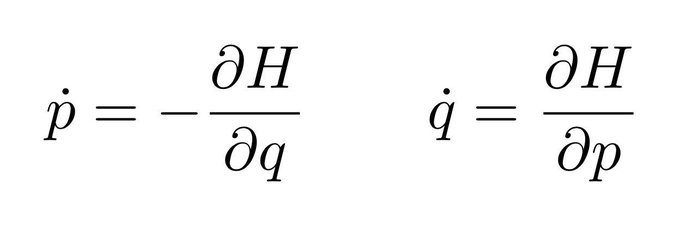 Hamilton's equations for the time evolution of a generic momentum p and position q for some degree of freedom of a mechanical system. The first equation reads "p dot is equal to minus the derivative of the Hamiltonian with respect to q", while the second equation reads "q dot is equal to the derivative of the Hamiltonian with respect to p." In both cases "dot" means the time derivative of the quantity.